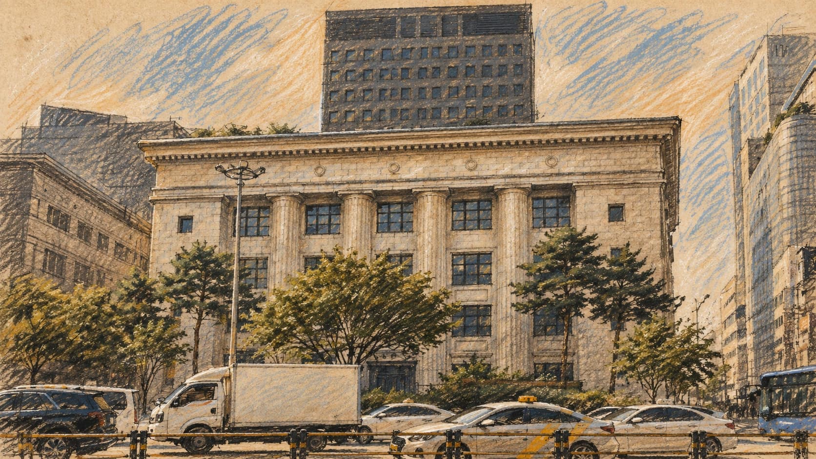 Courtroom-sketch editorial illustration of an archival September 2024 view of the former Korea First Bank head office in central Seoul, with a columned stone facade, leafy street trees, passing vehicles and a modern tower behind; Korean banking context, not a depiction of a hacking incident or the October 2026 emergency meeting, rendered in warm ochre and slate-blue pastel strokes.