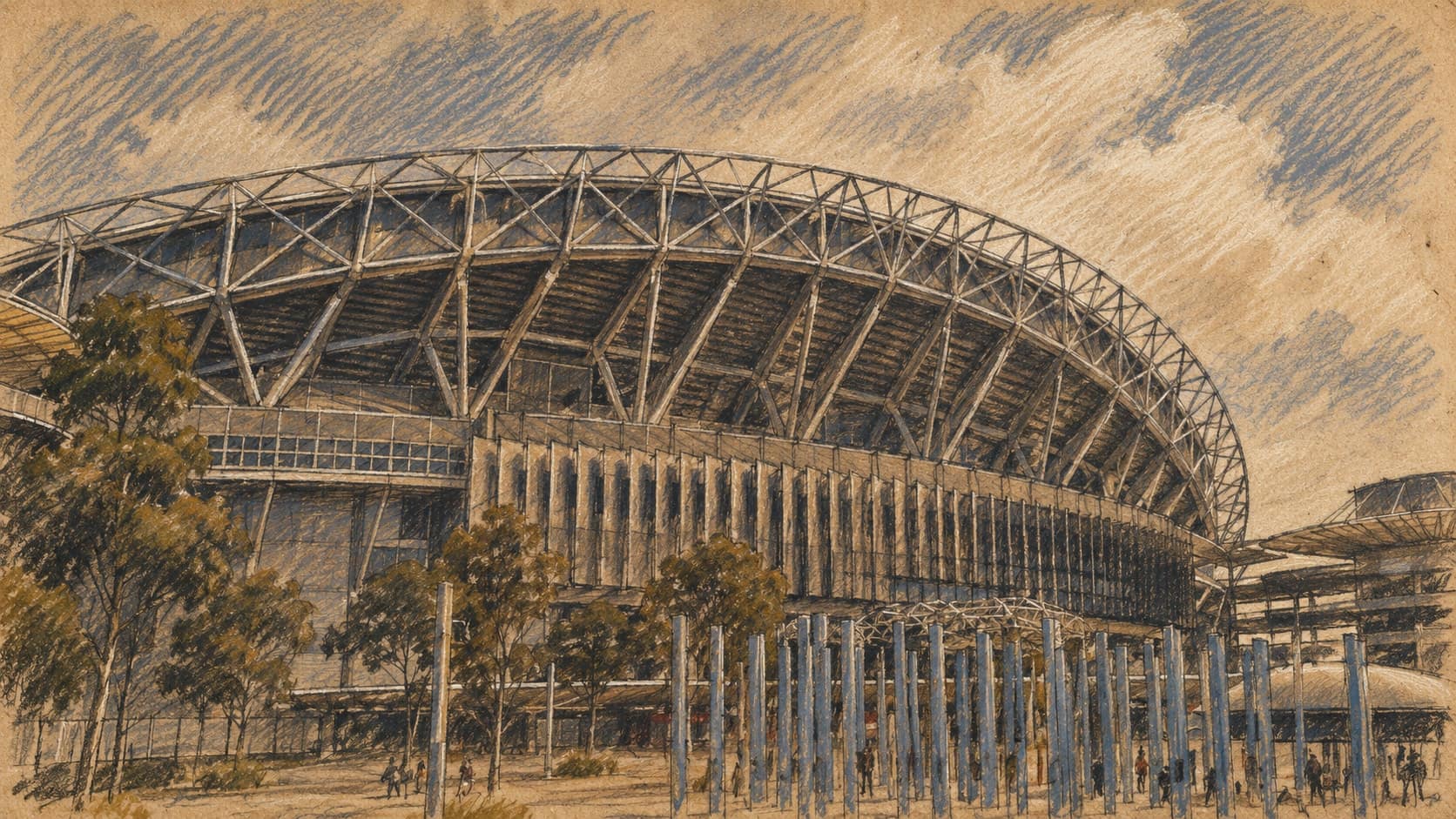 Courtroom-sketch editorial illustration of an archival July 2008 exterior view of Stadium Australia, now Accor Stadium, in Sydney, with its curved steel-truss roof, facade, trees and pedestrian fencing; venue context, not the October 2026 NRL grand final, rendered in warm ochre and slate-blue pastel strokes.