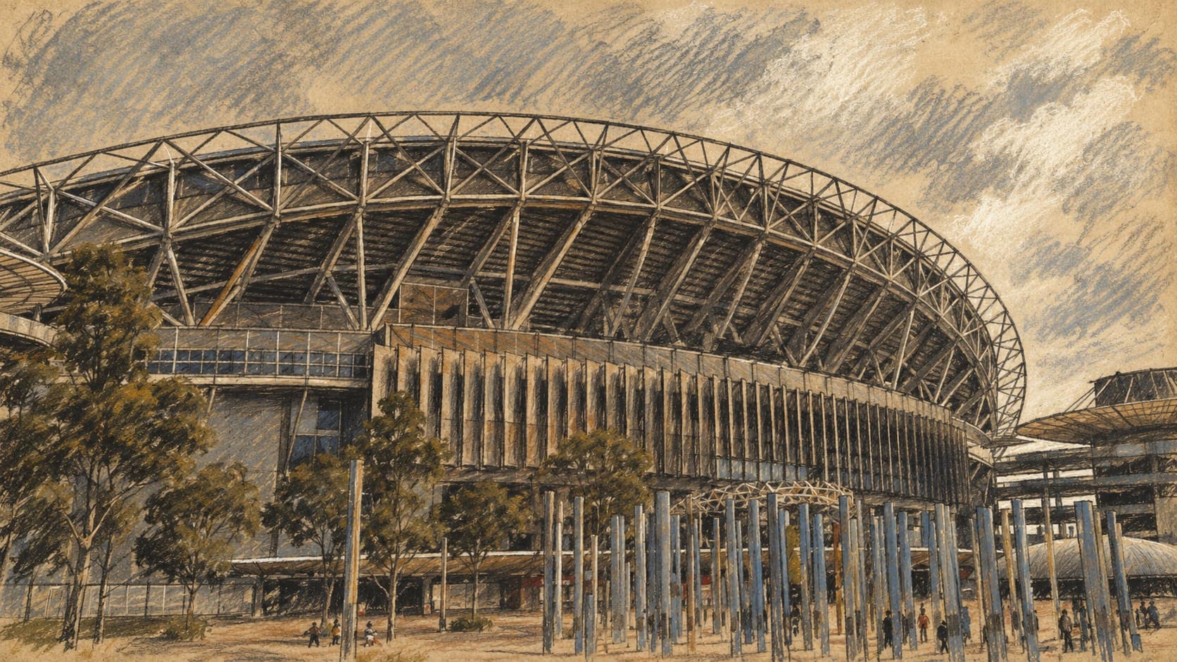 Courtroom-sketch editorial illustration of an archival 2008 exterior view of Stadium Australia in Sydney Olympic Park, then known as ANZ Stadium, with curved roof trusses, a ribbed facade, forecourt posts and trees; venue context, not a depiction of the October 2026 NRLW grand final, rendered in warm ochre and slate-blue pastel strokes.