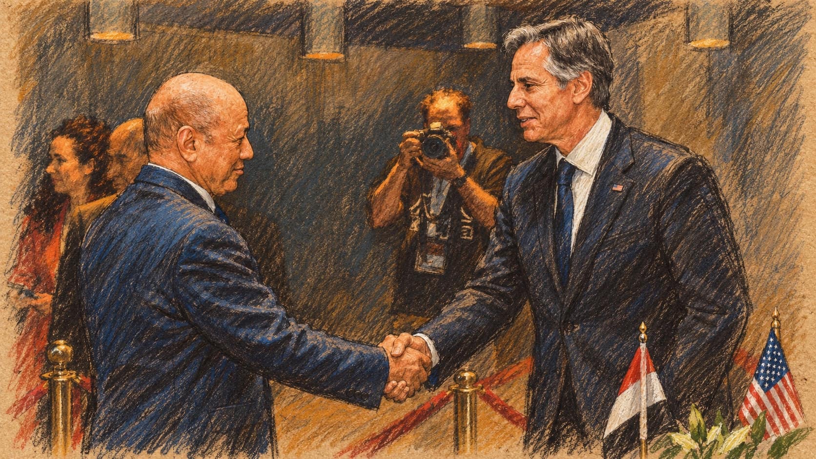 Courtroom-sketch editorial illustration of Rashad al-Alimi at left shaking hands with Antony Blinken in Riyadh on June 8, 2023, with a photographer behind them and small Yemeni and U.S. flags; archival diplomatic context, not the October 4, 2026 military announcement, rendered in warm ochre and slate-blue pastel strokes.