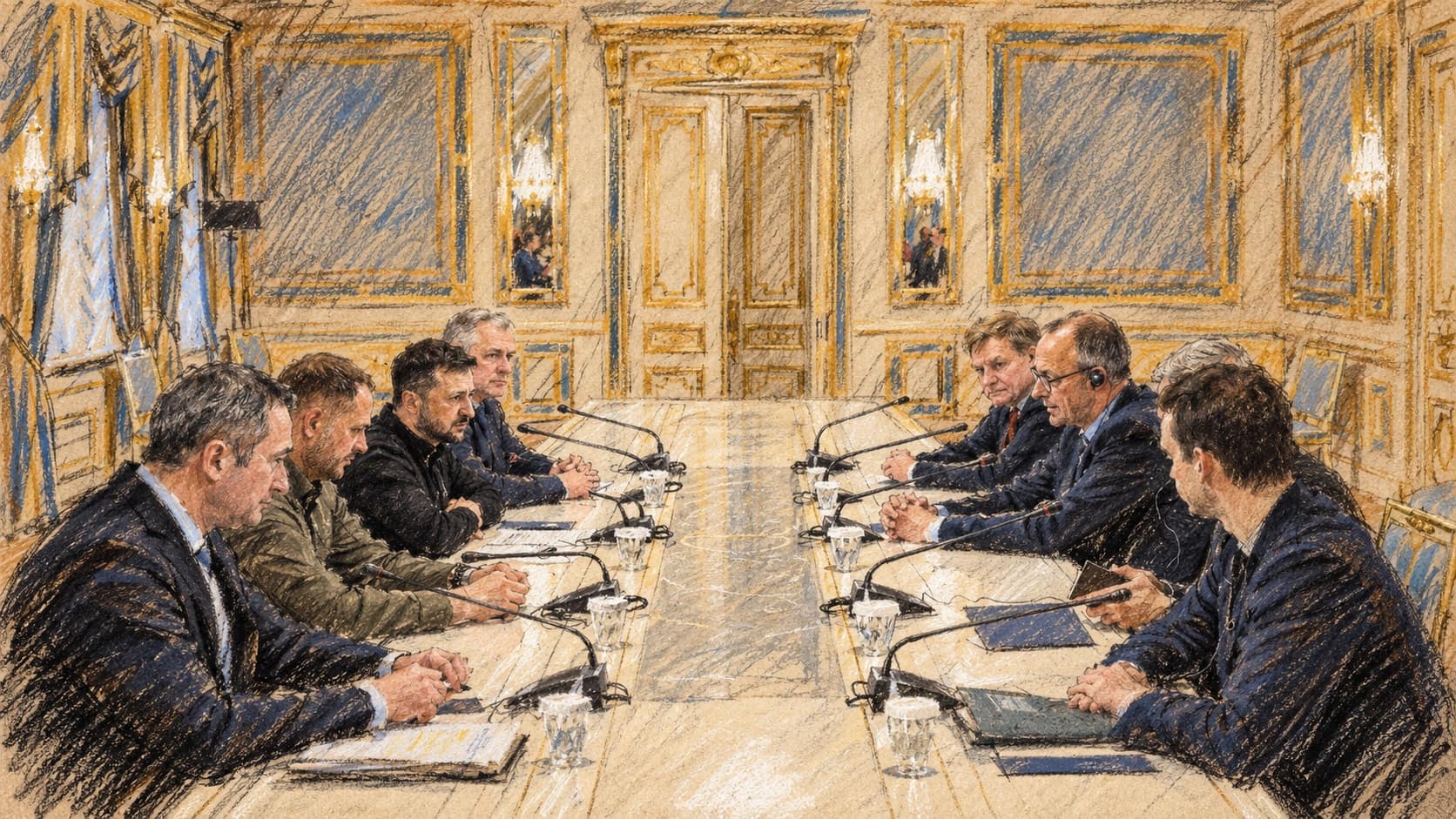 Courtroom-sketch editorial illustration of Volodymyr Zelenskyy and Friedrich Merz with their delegations seated across a long table in an ornate room, based on their archival 9 December 2024 meeting; diplomatic context, not a depiction of the October 2026 agreements, rendered in warm ochre and slate-blue pastel strokes.