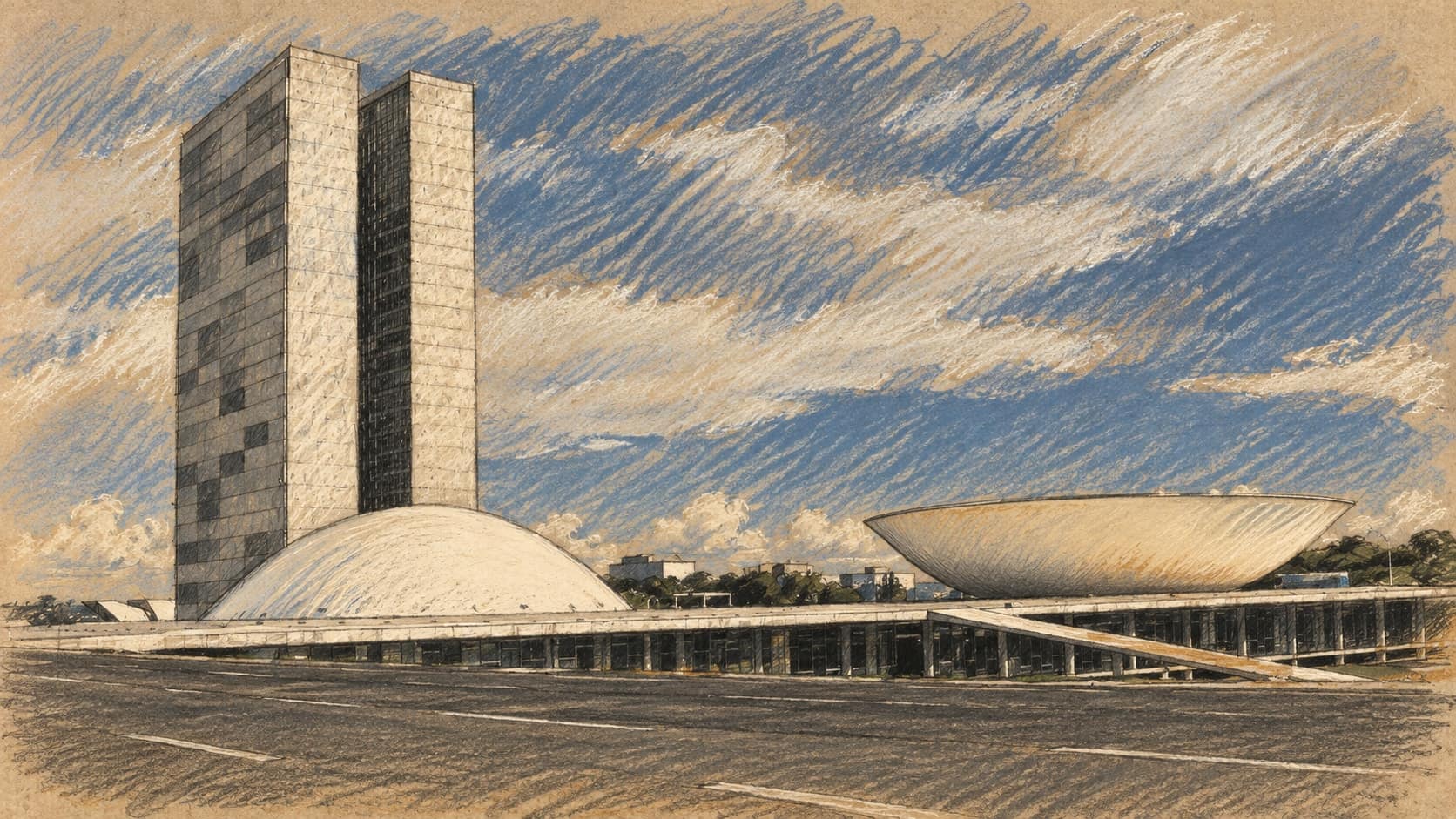 Courtroom-sketch editorial illustration of an archival exterior view of Brazil’s National Congress in Brasília, showing twin rectangular towers, the domed and bowl-shaped chambers and an empty road; institutional context, not a depiction of the October 2026 election or any new mining activity, rendered in warm ochre and slate-blue pastel strokes.