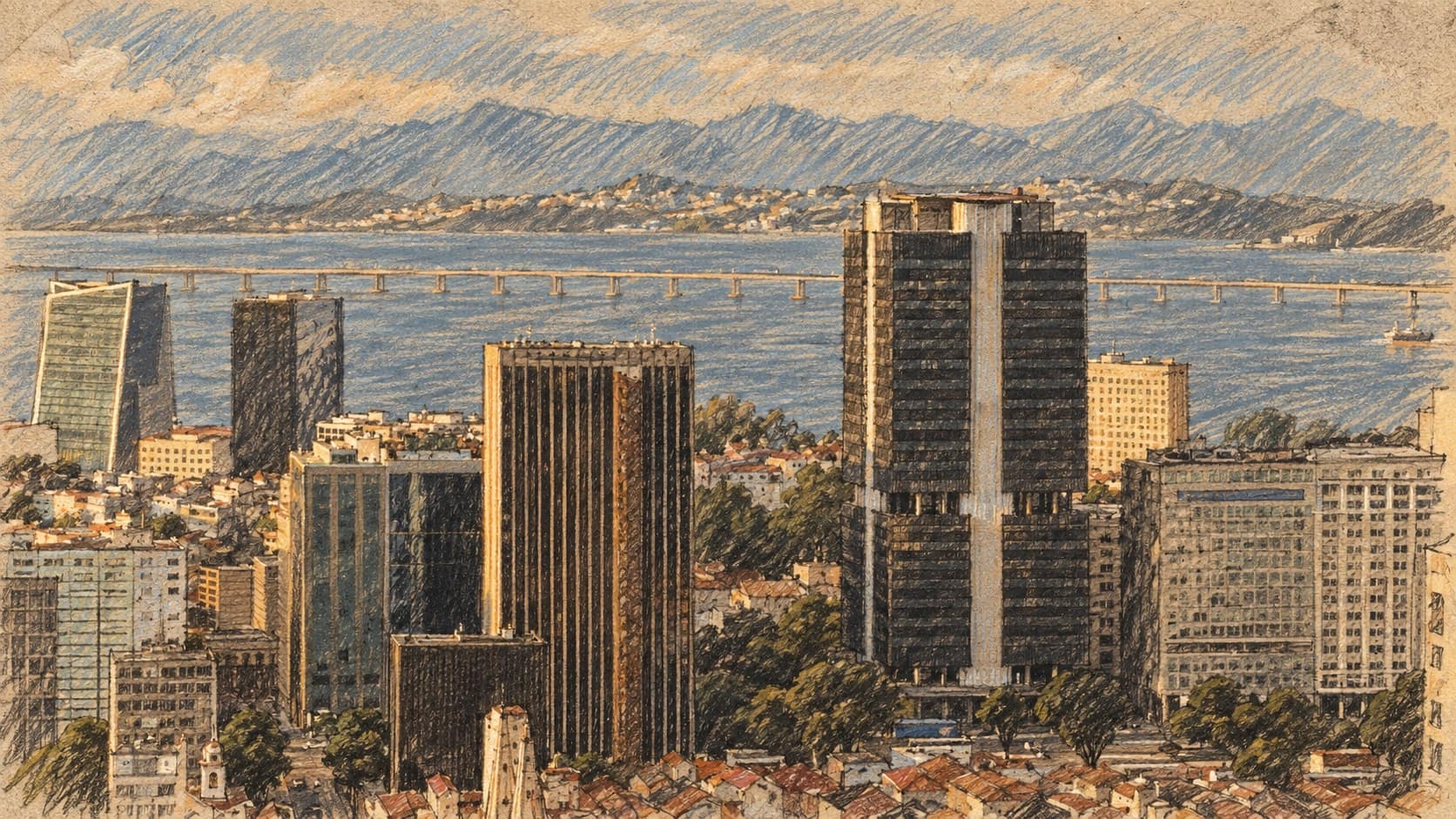 Courtroom-sketch editorial illustration of Brazil’s Central Bank tower amid downtown Rio de Janeiro buildings, with Guanabara Bay, a long bridge and distant mountains behind, based on an archival December 2023 photograph and rendered in warm ochre and slate-blue pastel strokes.