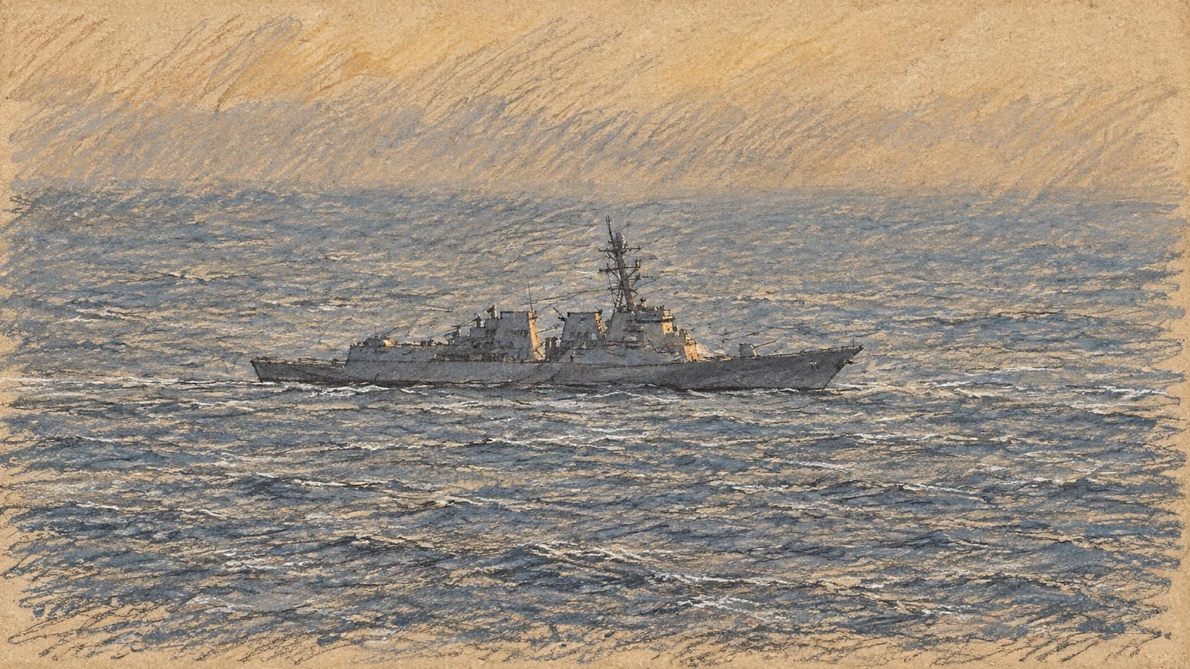 Courtroom-sketch editorial illustration of USS Spruance viewed broadside during an archival April 2026 Arabian Sea patrol; contextual naval scene, not a depiction of the October 5 commercial-vessel redirection, rendered in warm ochre and slate-blue pastel strokes.
