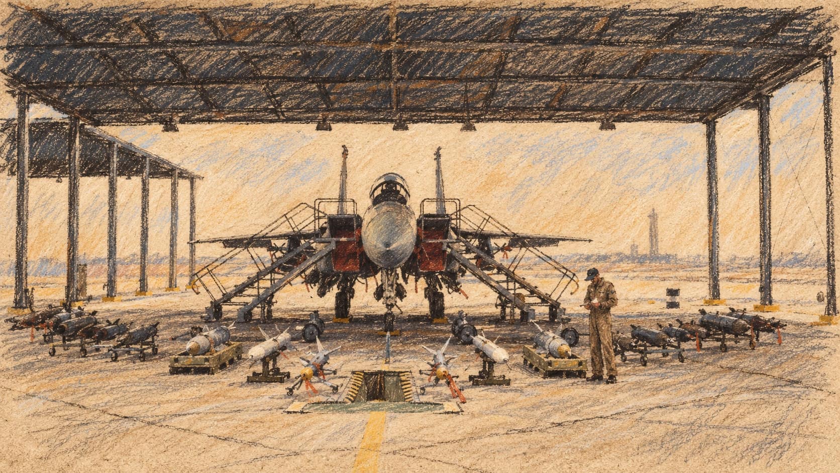 Courtroom-sketch editorial illustration of an archival Royal Saudi Air Force F-15S aircraft seen head-on under an open-sided hangar with ground equipment and one standing person, based on a photograph uploaded in January 2005; contextual aircraft illustration, not a depiction of the October 2026 Yemen operation, rendered in warm ochre and slate-blue pastel strokes.