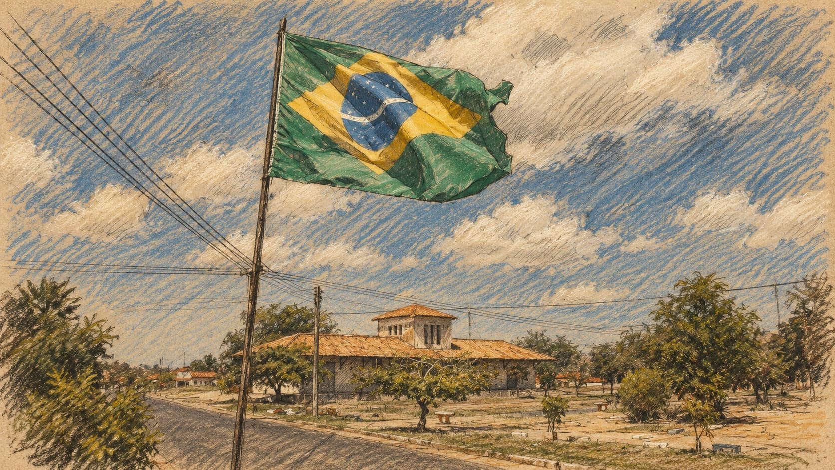 Courtroom-sketch editorial illustration of an archival 2014 Brazilian national flag flying above a quiet street near the railway station in Campo Maior, Piauí, with trees, an orange-tiled building and clouds; Brazilian election context, not the October 2026 runoff announcement, rendered in warm ochre and slate-blue pastel strokes.