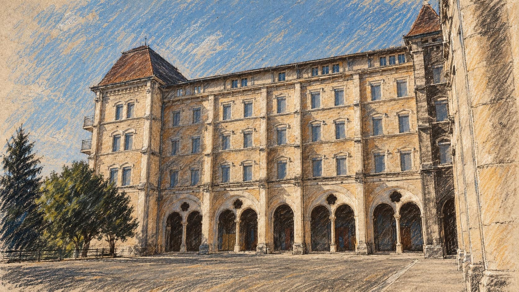Courtroom-sketch editorial illustration of an archival September 2018 view of the empty courtyard at Lycée de Saint-Just in Lyon, with a pale stone school facade, ground-floor arches, steep-roofed towers and trees; French secondary-school context, not a depiction of the October 2026 protests or closures, rendered in warm ochre and slate-blue pastel strokes.