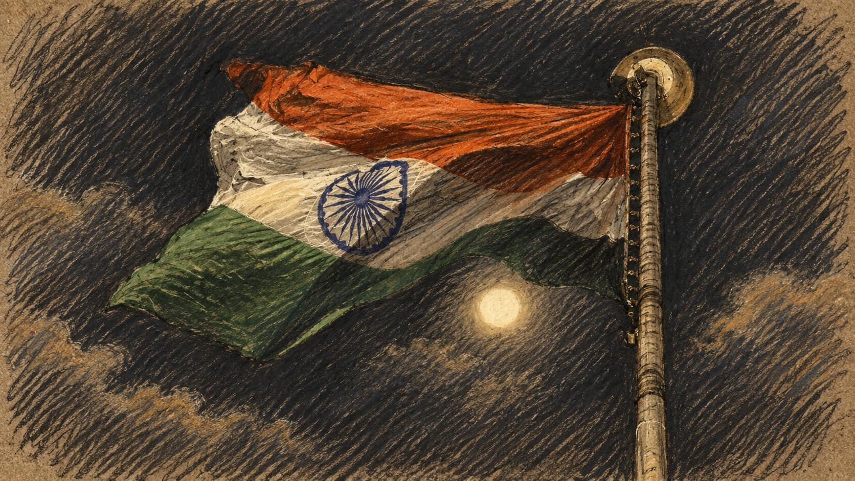 Courtroom-sketch editorial illustration of the Indian national tricolor waving from a flagpole with the moon below it against a dark sky, based on a May 2025 photograph in Thanjavur; archival national-symbol context, not a depiction of the appointed judges, their appointment ceremony or the Supreme Court building, rendered in warm ochre and slate-blue pastel strokes.