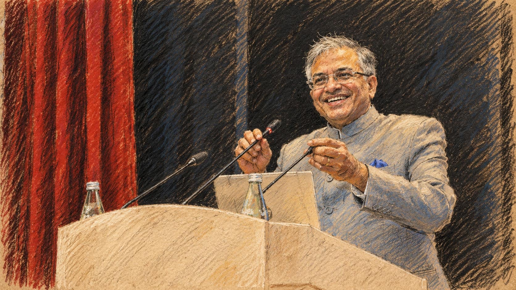 Courtroom-sketch editorial illustration of an archival portrait of Gyanesh Kumar in a grey suit speaking behind a cream podium with microphones against red and dark curtains; contextual portrait based on a 2025 photograph, not a depiction of the October 2026 Supreme Court hearing, rendered in warm ochre and slate-blue pastel strokes.