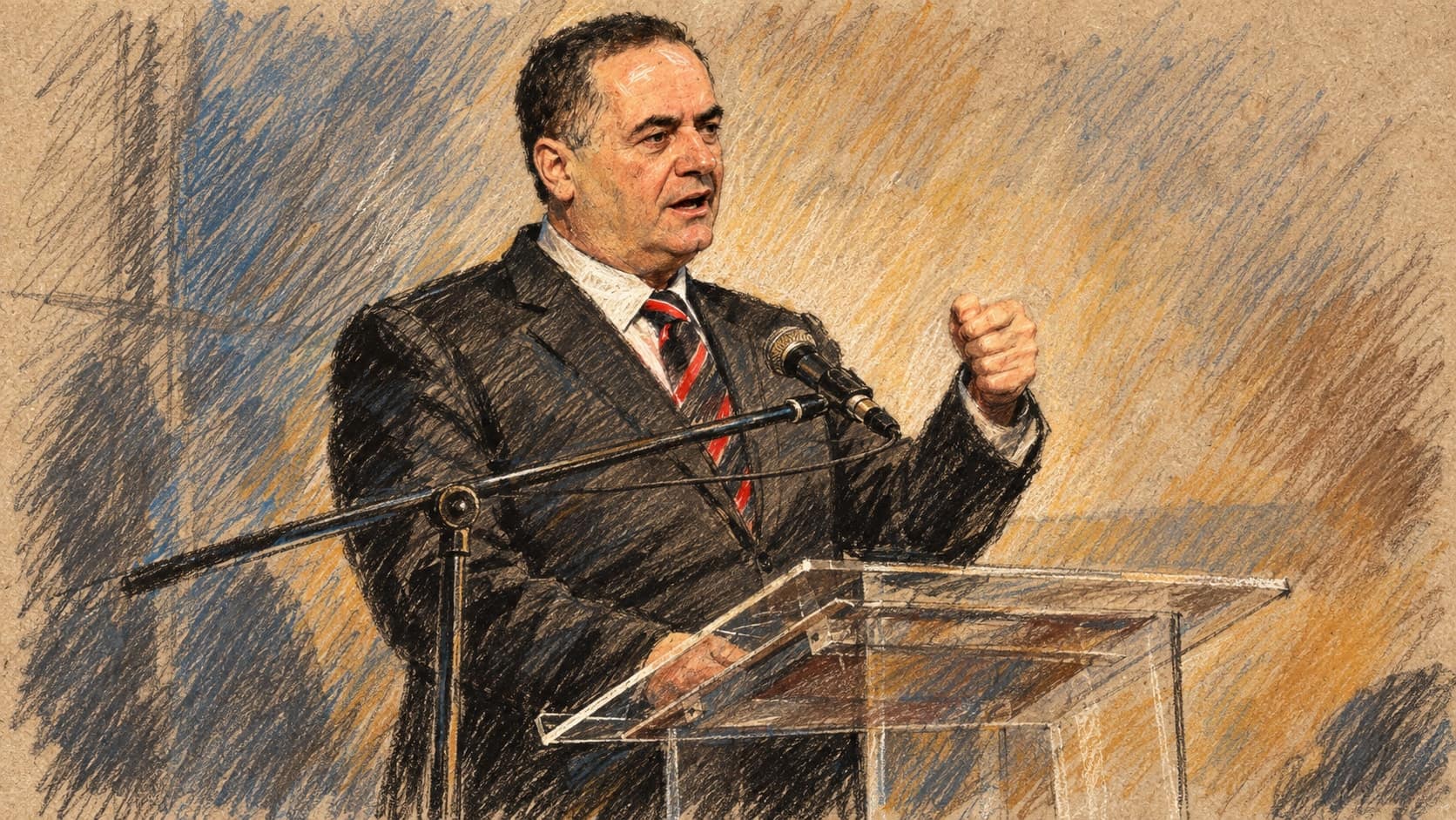 Courtroom-sketch editorial illustration of Israel Katz speaking behind a clear lectern with his left hand raised at the 2015 Sderot Conference at Sapir College; archival context, not a depiction of his October 2026 statement or the October 7 attacks, rendered in warm ochre and slate-blue pastel strokes.