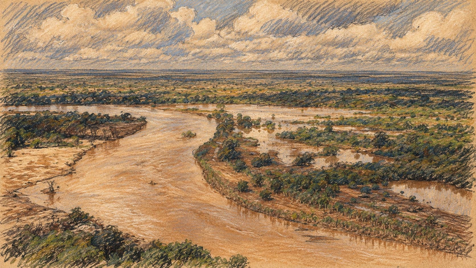 Courtroom-sketch editorial illustration of an archival March 1998 aerial view of the Tana River flooding its tree-covered Kenyan floodplain beneath a cloudy sky; contextual illustration of flood risk, not a depiction of the October 2026 preparedness announcement or current flooding, rendered in warm ochre and slate-blue pastel strokes.