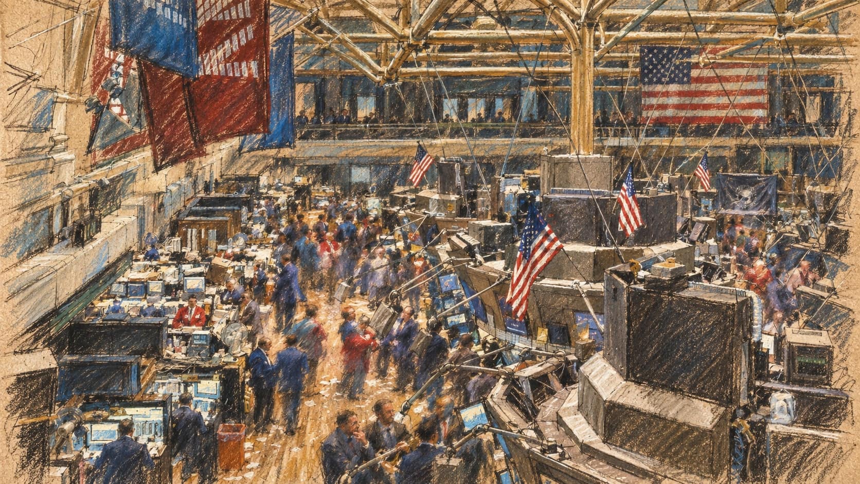 Courtroom-sketch editorial illustration of an archival elevated view of the New York Stock Exchange trading floor, with trading stations, traders, American flags and an overhead lattice; U.S. stock-market context, not Nasdaq or the October 5, 2026 closing session, rendered in warm ochre and slate-blue pastel strokes.
