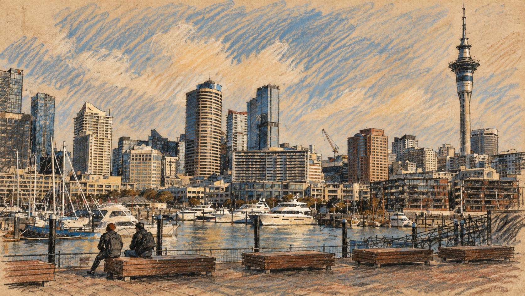 Courtroom-sketch editorial illustration of an archival November 2024 Auckland skyline, with the Sky Tower at right above boats in Viaduct Harbour and a waterfront promenade; geographic context for natural-hazard research, not a depiction of the funding announcement or a new hazard event, rendered in warm ochre and slate-blue pastel strokes.