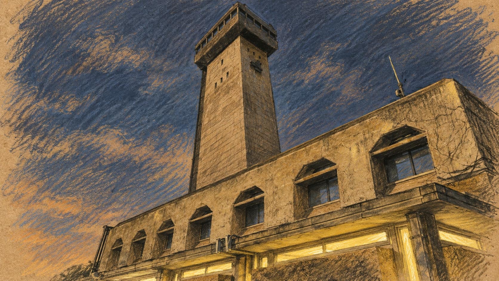 Courtroom-sketch editorial illustration of an archival November 2023 exterior view of Bar-Ilan University’s observation tower rising behind a stone building with arched upper windows and illuminated ground-level strips against an evening sky; institutional context, not a depiction of the defendant or alleged attack, rendered in warm ochre and slate-blue pastel strokes.