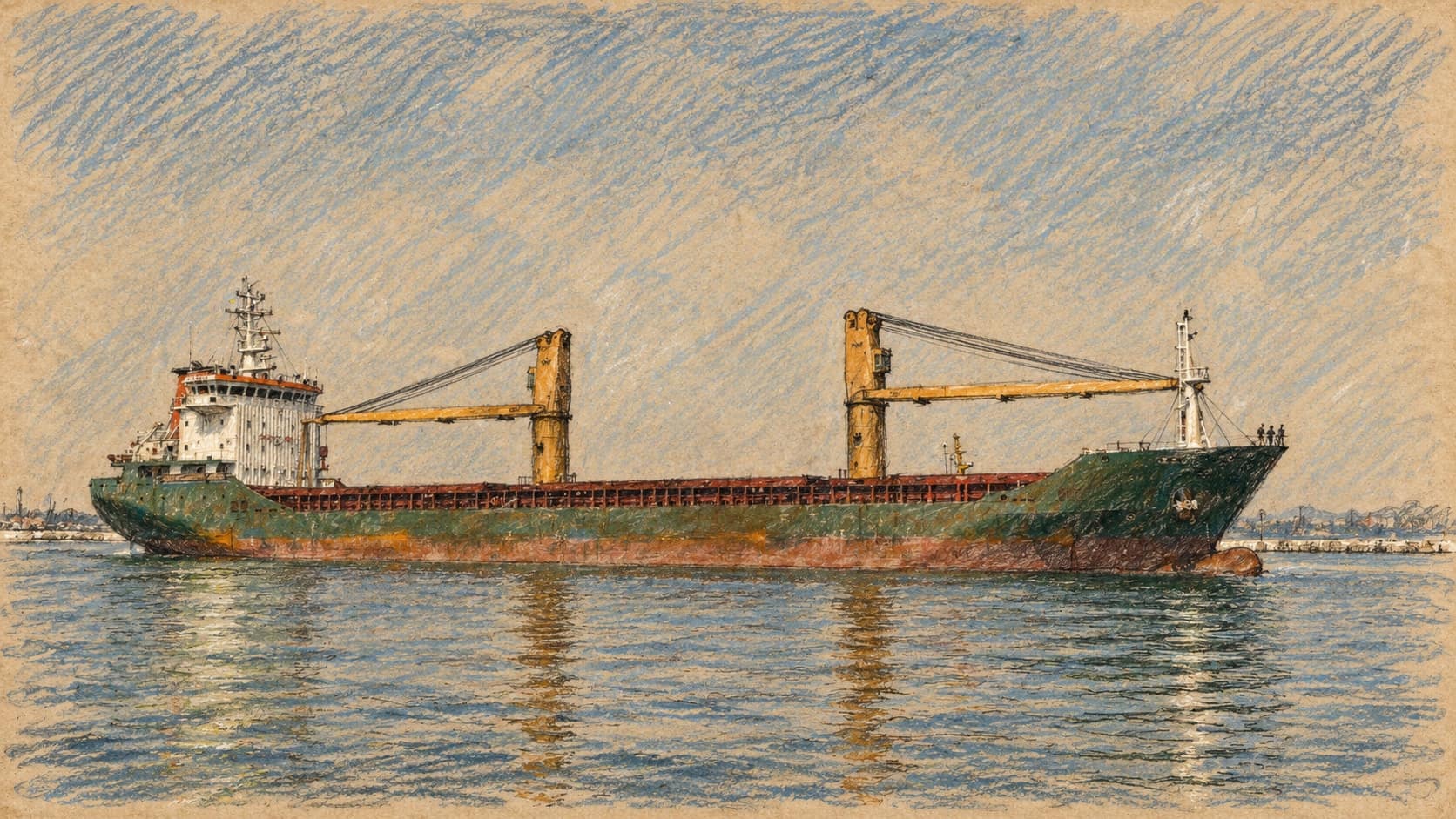 Courtroom-sketch editorial illustration of the cargo ship Karsoy broadside in Odesa harbor, based on an archival August 2010 photograph; contextual Black Sea commercial shipping scene, not the vessel that sank or the October 2026 fire and rescue, rendered in warm ochre and slate-blue pastel strokes.