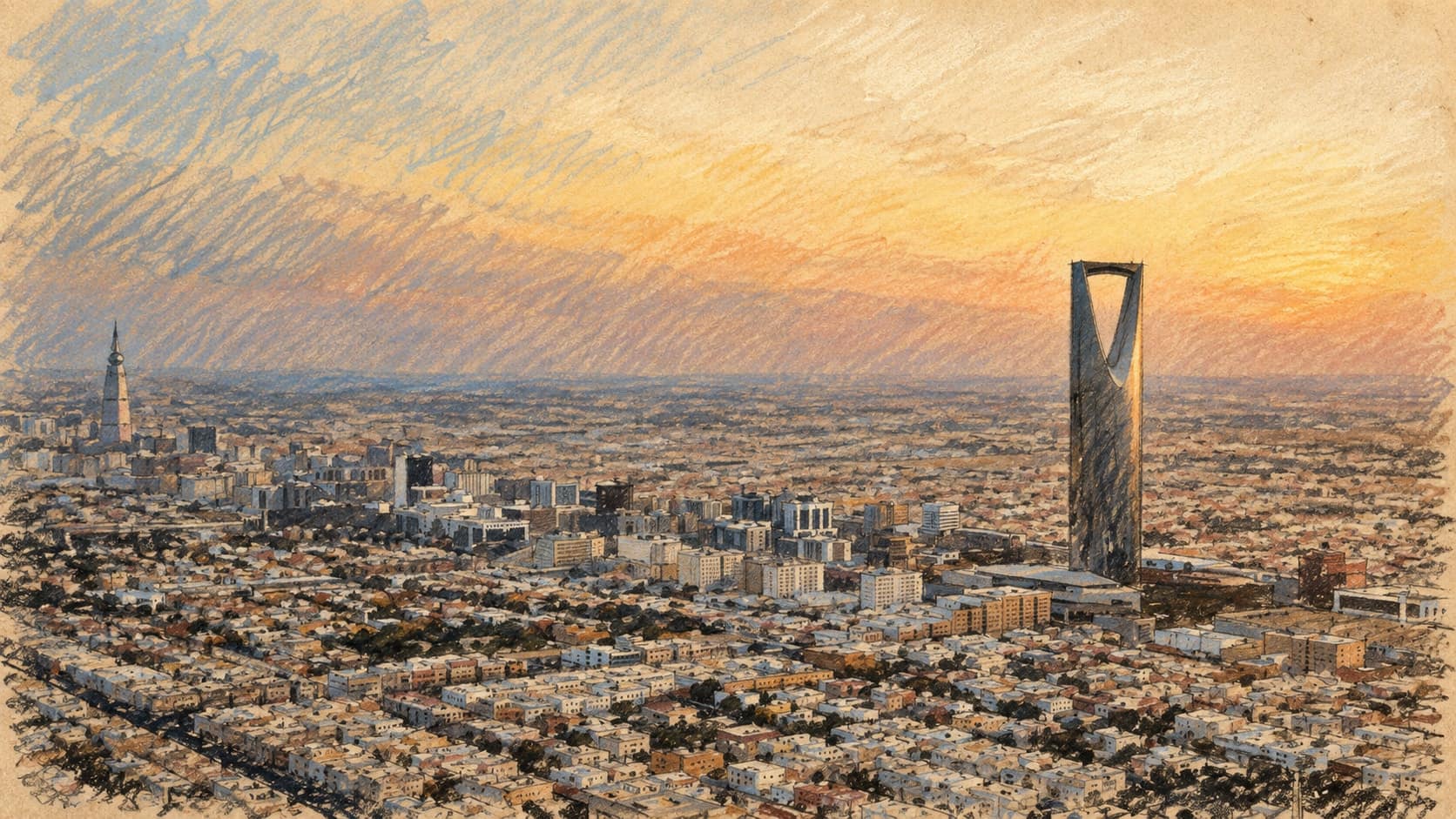 Courtroom-sketch editorial illustration of the archival 2009 Riyadh skyline at sunset, with Kingdom Centre on the right and dense low-rise buildings below; contextual location artwork for the alliance meeting, not a depiction of the October 2026 committee session or deployed troops, rendered in warm ochre and slate-blue pastel strokes.