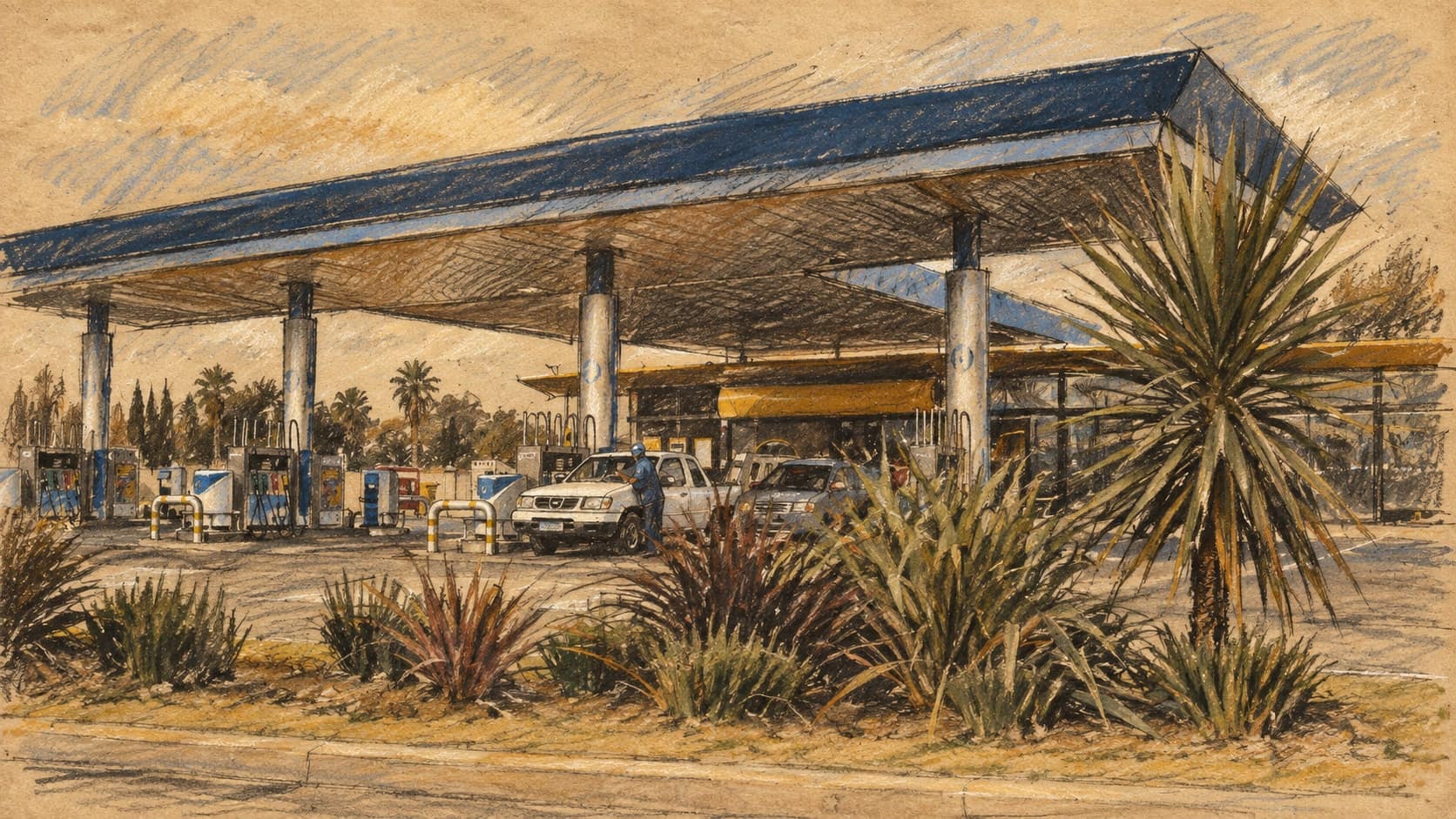 Courtroom-sketch editorial illustration of an archival 2009 petrol station in Boksburg, South Africa, with a broad canopy, fuel pumps, parked cars and roadside plants; contextual artwork, not a depiction of the October 2026 price announcement, rendered in warm ochre and slate-blue pastel strokes.