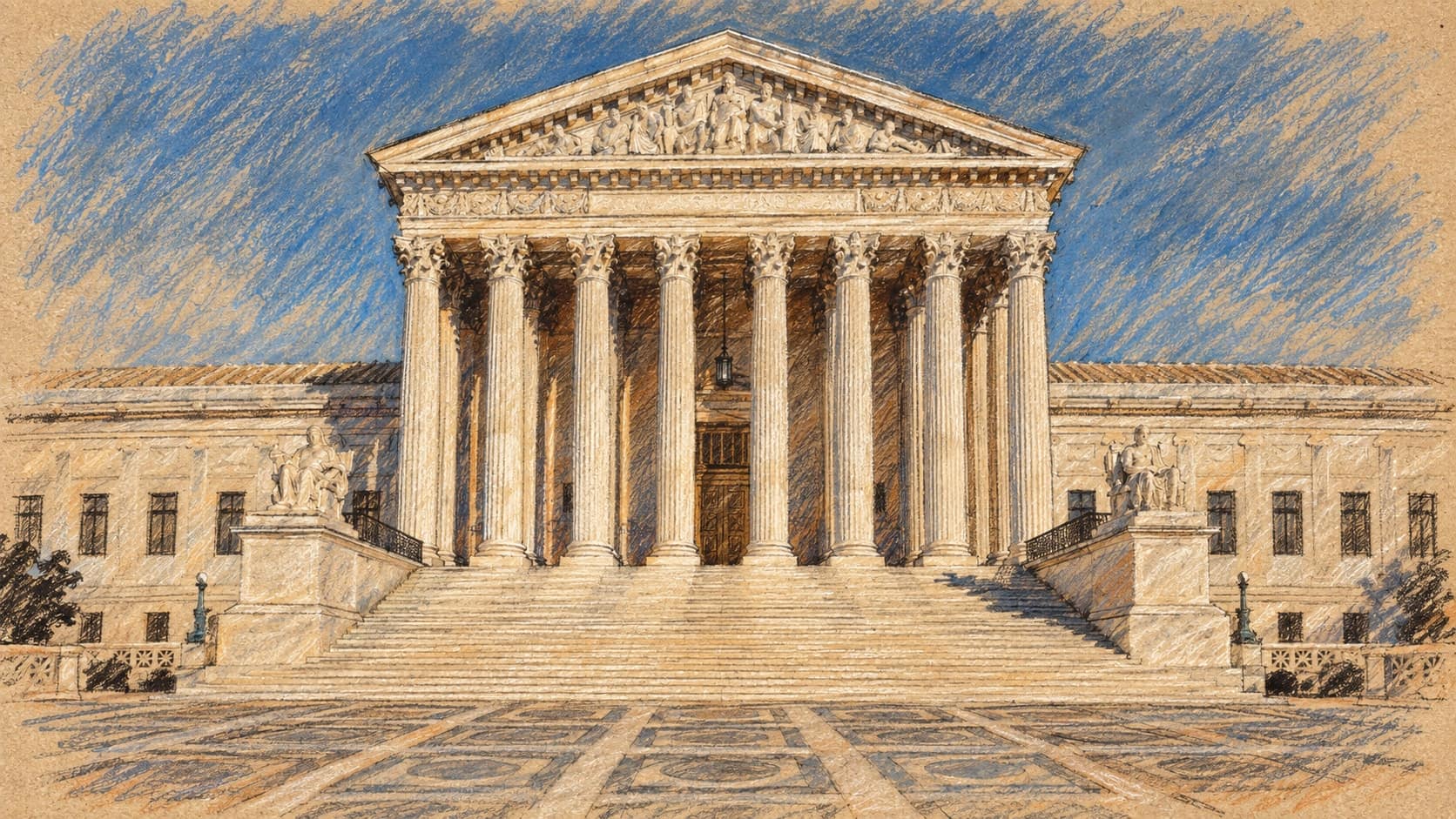 Courtroom-sketch editorial illustration of an archival exterior view of the United States Supreme Court building in Washington, D.C., showing its marble columns, broad stairs and patterned forecourt; contextual institution illustration based on a photograph from between 1980 and 2006, not a depiction of the October 2026 decision, rendered in warm ochre and slate-blue pastel strokes.