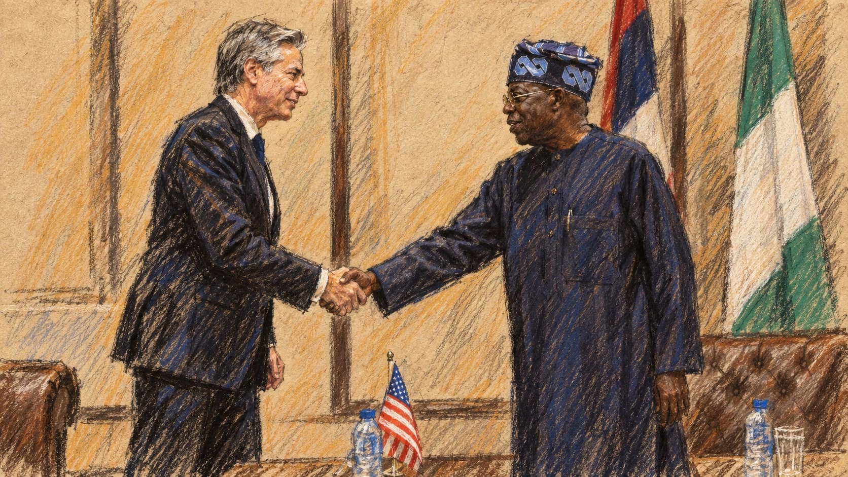 Courtroom-sketch editorial illustration of Nigerian President Bola Tinubu at right shaking hands with Antony Blinken at left during their archival January 23, 2024 meeting in Abuja, with U.S. and Nigerian flags behind them; contextual actor portrait, not a depiction of the October 2026 aircraft crash or national mourning, rendered in warm ochre and slate-blue pastel strokes.