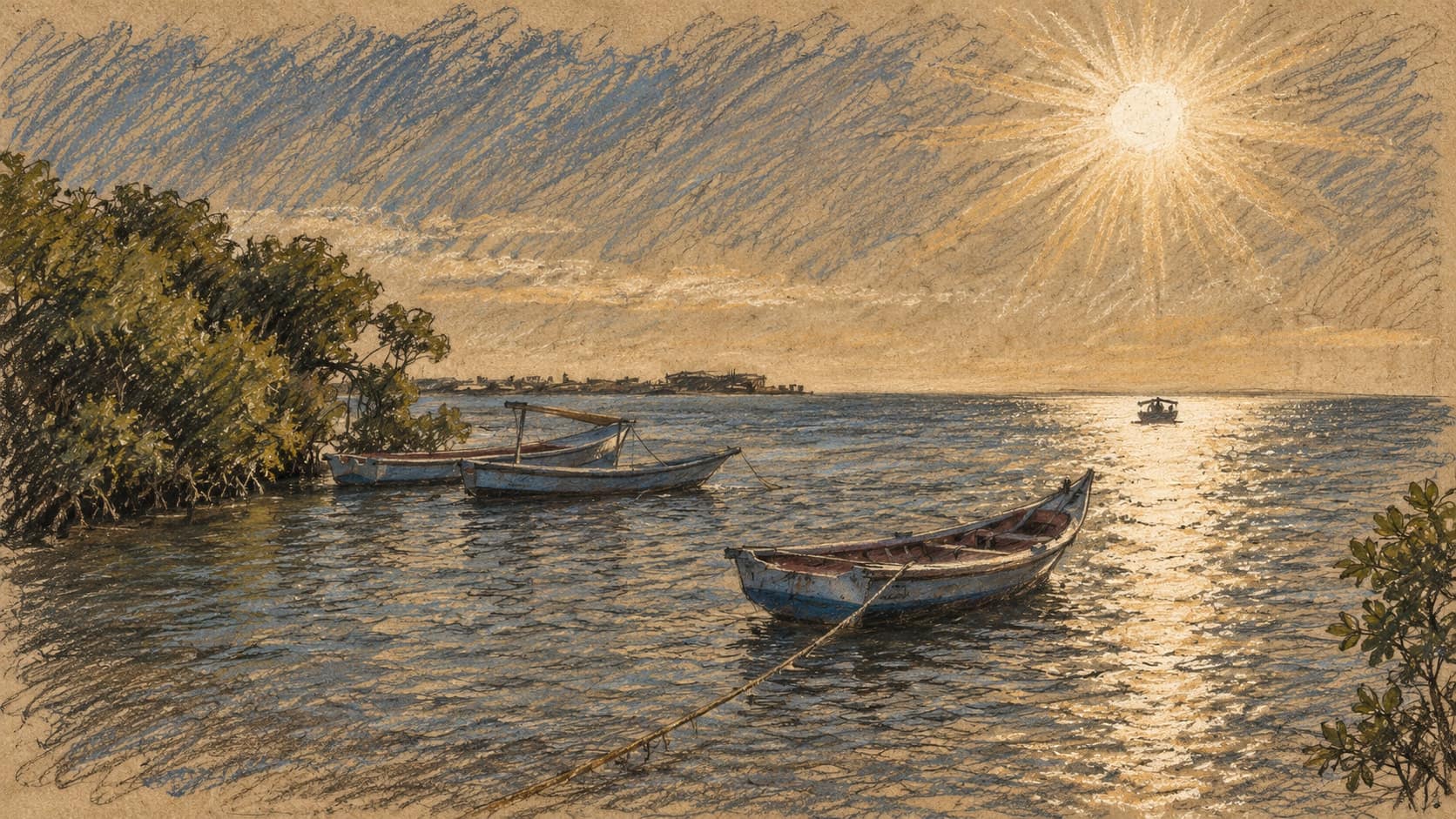 Courtroom-sketch editorial illustration of an archival January 2013 view of small moored boats beside mangroves in El Guamache Bay on Margarita Island, Venezuela, with a distant shoreline and low sun; Caribbean maritime context, not the October 4 strike, its location or target vessel, rendered in warm ochre and slate-blue pastel strokes.