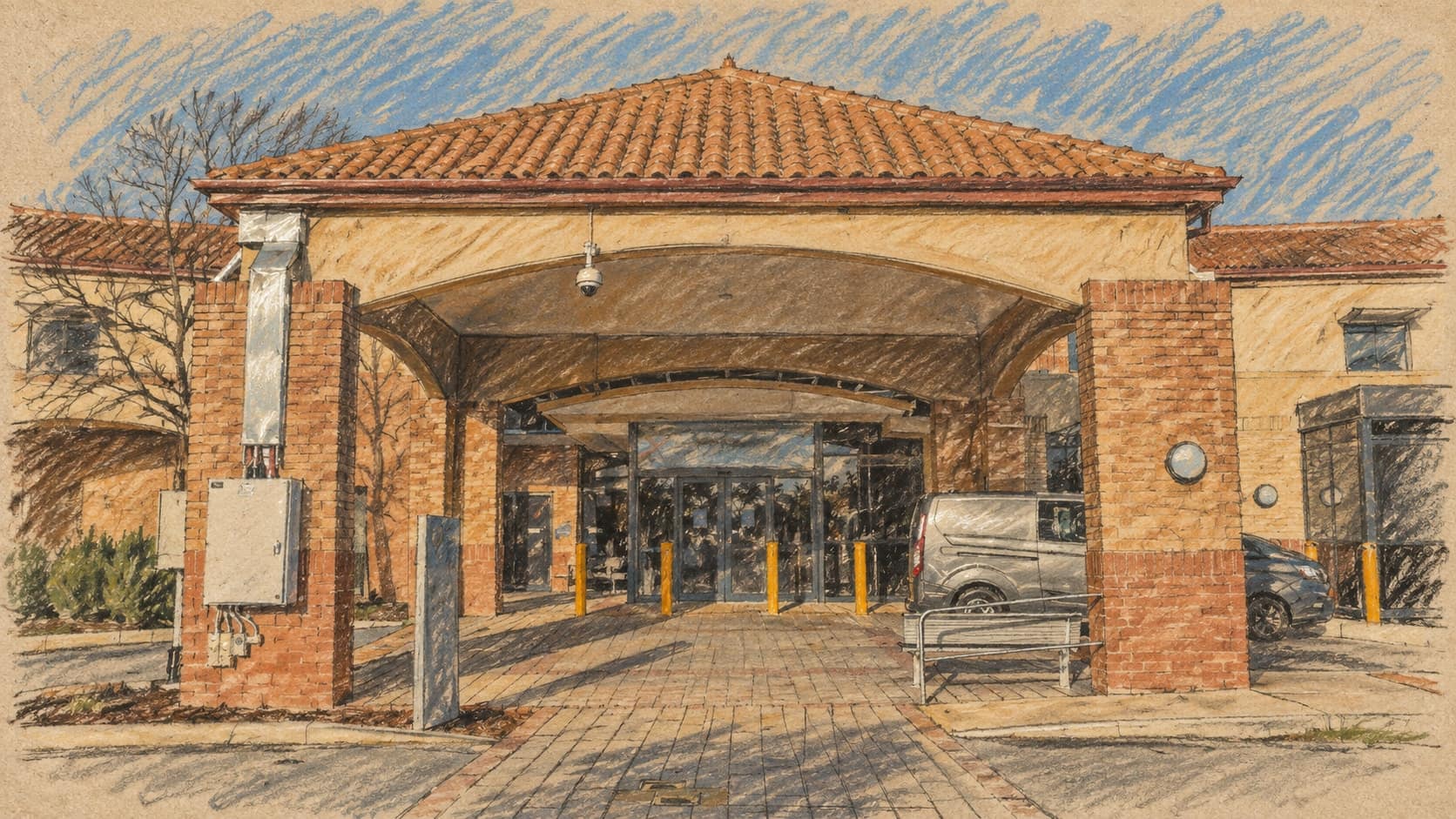 Courtroom-sketch editorial illustration of the entry portico of Armadale Hospital in Mount Nasura, Western Australia, based on an archival September 2024 photo; contextual healthcare scene, not the reported patient or an identification of where the patient is hospitalized, rendered in warm ochre and slate-blue pastel strokes.