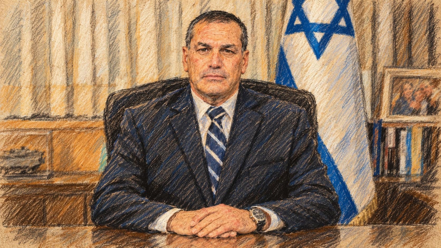 Courtroom-sketch editorial illustration of an archival March 2022 portrait of Eyal Zamir in a civilian suit at an office desk, with an Israeli flag and books behind him; contextual portrait, not a depiction of the October 2026 Zikim memorial ceremony, rendered in warm ochre and slate-blue pastel strokes.