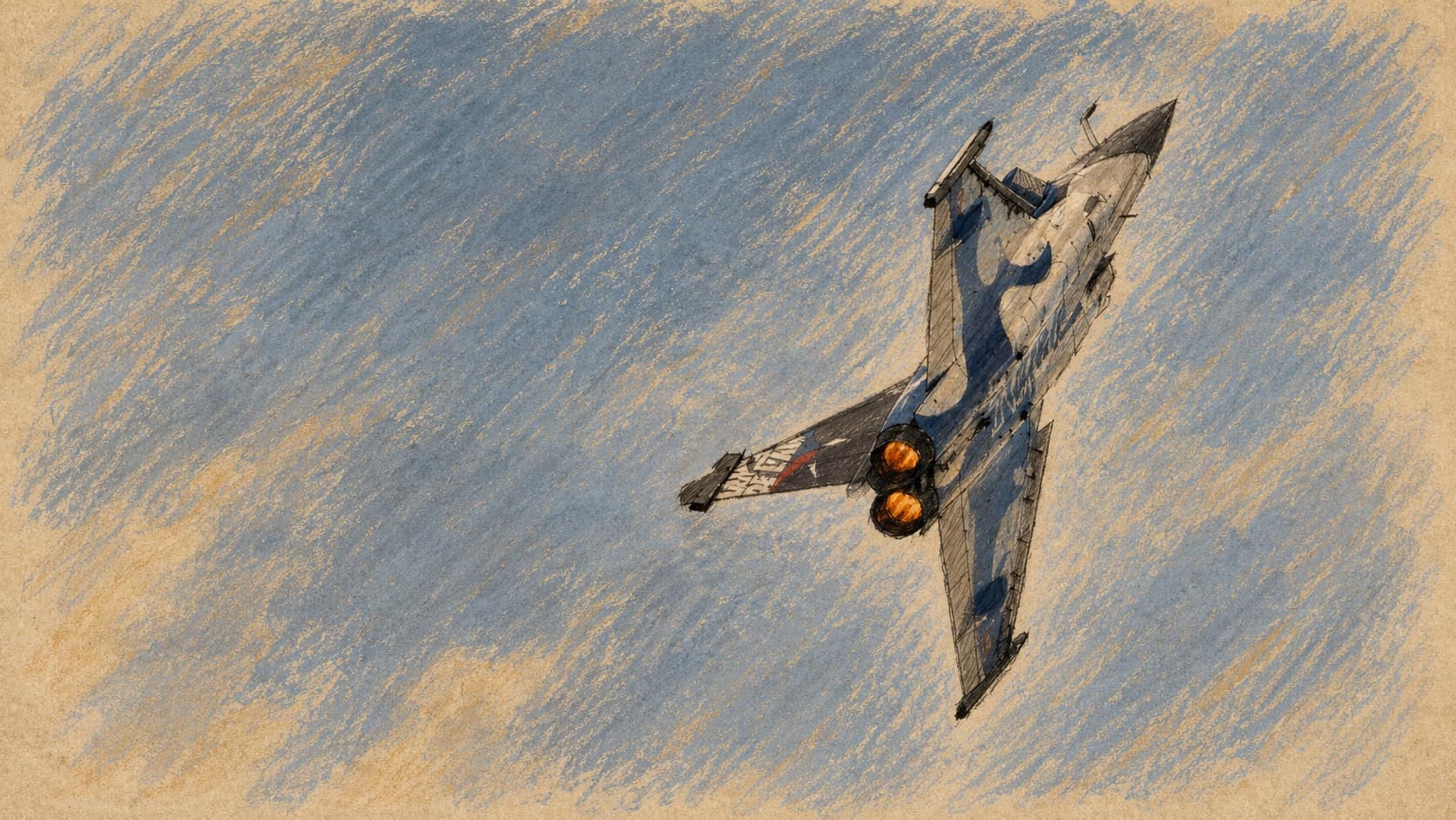 Courtroom-sketch editorial illustration of an archival French Rafale jet banking upward during a May 2017 solo display, viewed from below against an empty sky with two glowing engine exhausts; aircraft context for the proposed Ukrainian training, rendered in warm ochre and slate-blue pastel strokes.