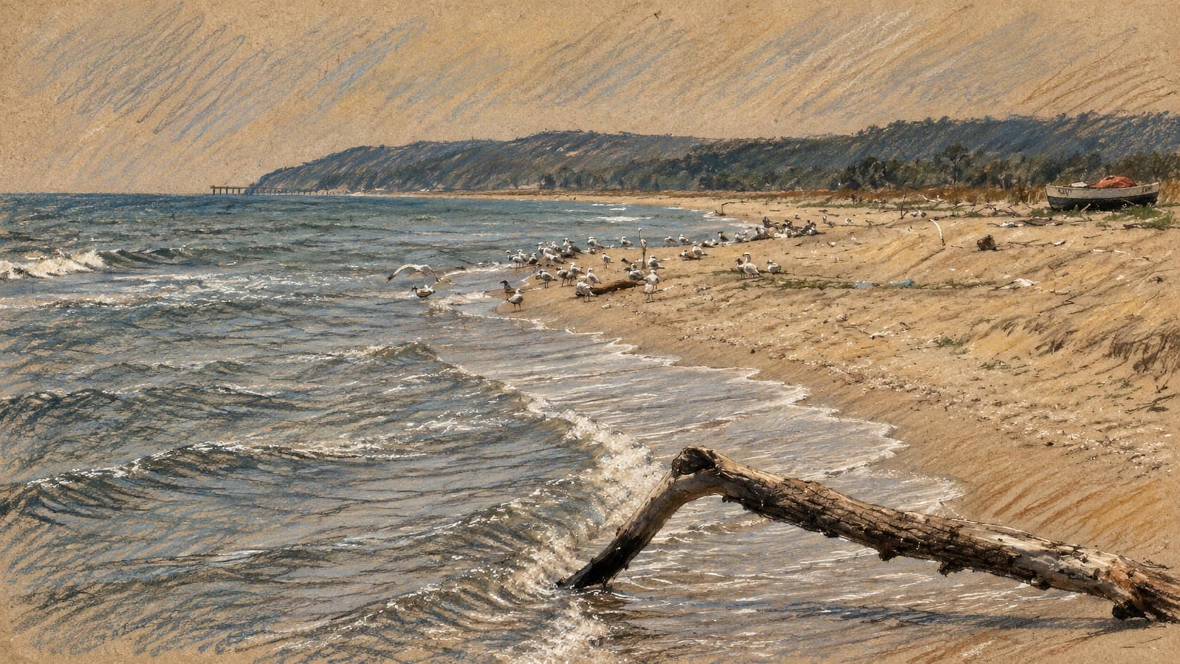 Courtroom-sketch editorial illustration of an archival 2008 Bulgarian Black Sea coastline at Kamchia reserve, with gentle waves, a sandy beach, resting gulls, foreground driftwood and a wooded shoreline; coastal context for the maritime rescue, rendered in warm ochre and slate-blue pastel strokes.