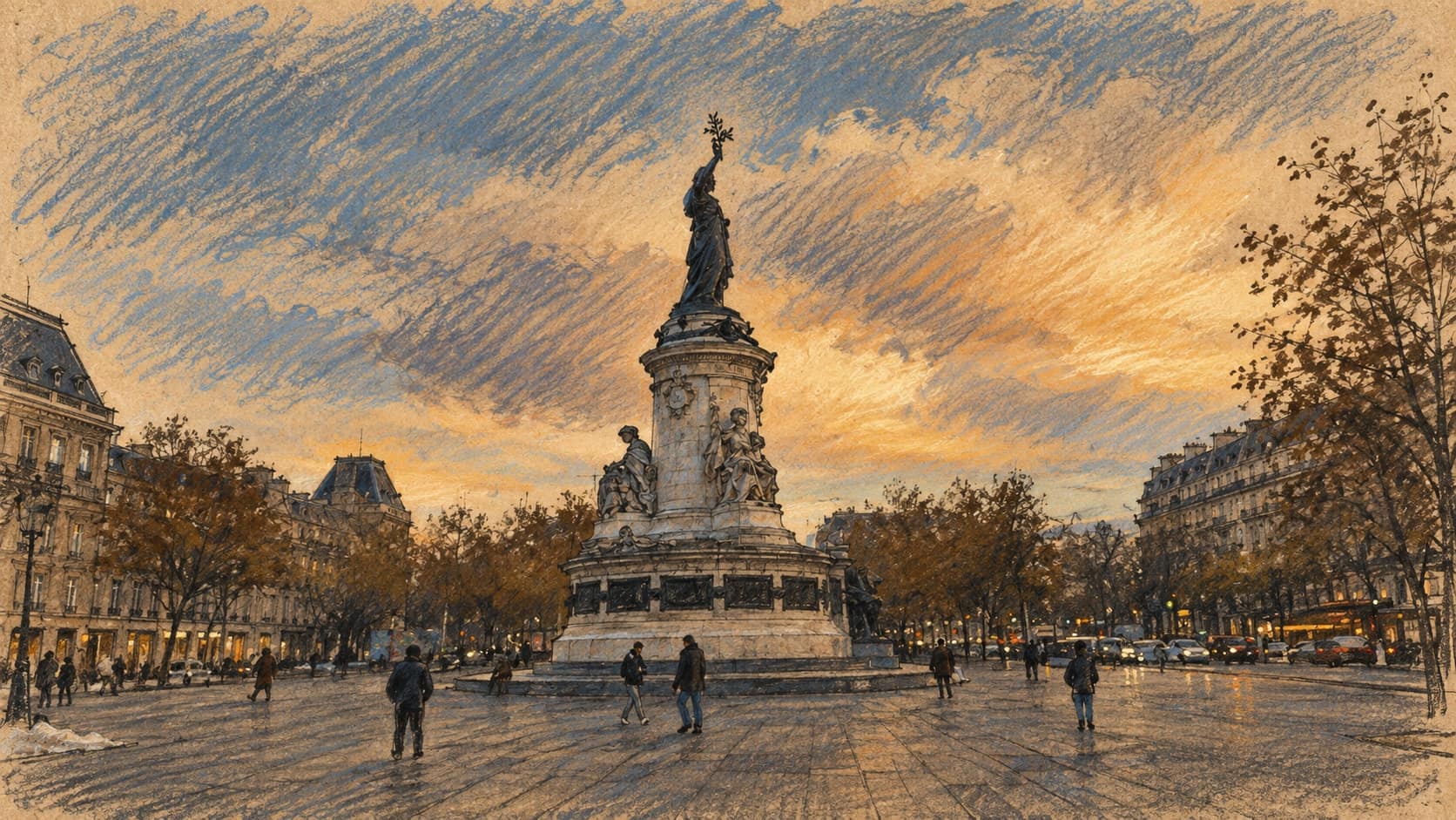 Courtroom-sketch editorial illustration of an archival November 2023 view of the Monument to the Republic in Paris Place de la République at dusk, with sparse pedestrians, buildings, trees and cloudy sky; location context, not a depiction of the October 2026 protests, rendered in warm ochre and slate-blue pastel strokes.