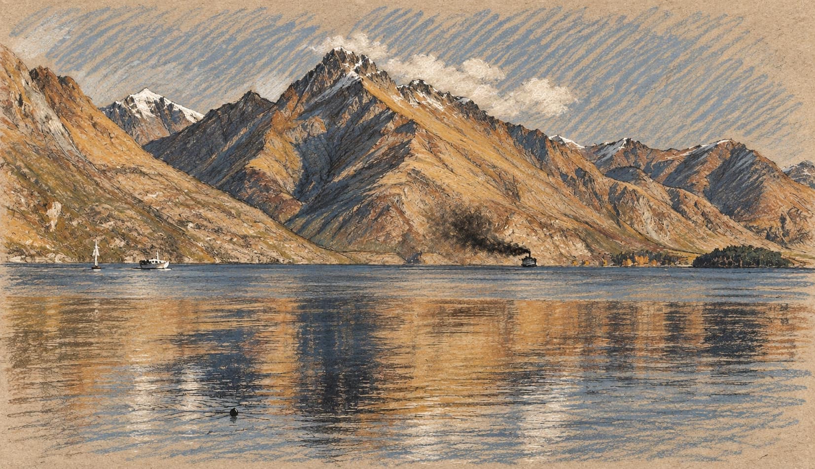 Courtroom-sketch editorial illustration of an archival 2008 view of Walter Peak above Lake Wakatipu, with reflected mountains, distant boats and a steamship emitting a dark smoke plume; location context, not a depiction of the October 2026 wildfire, rendered in warm ochre and slate-blue pastel strokes.