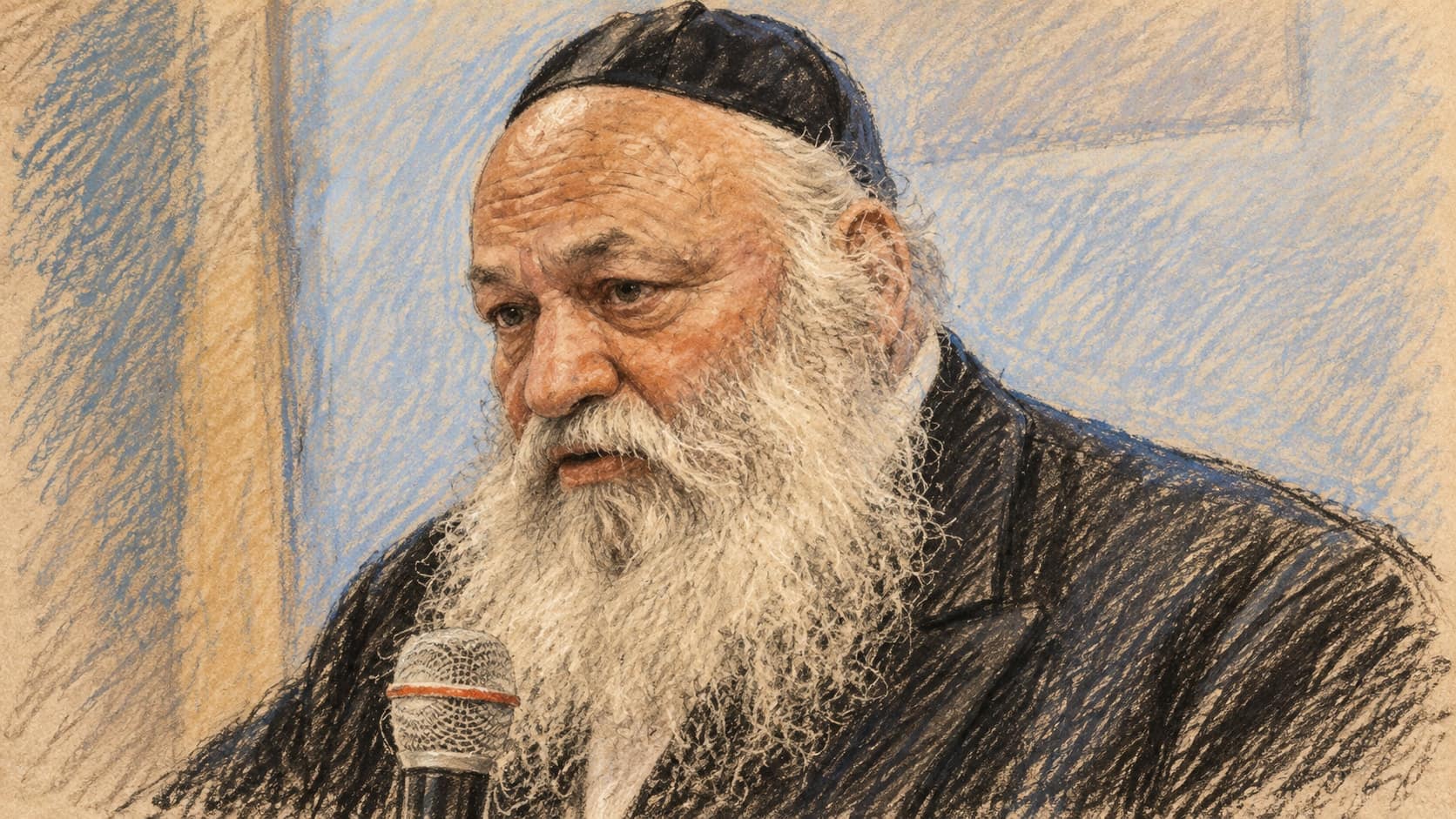 Courtroom-sketch editorial illustration of Yitzhak Goldknopf in an archival 2015 portrait, wearing a dark kippah and suit with a microphone and a pale-blue indoor backdrop; contextual portrait, not a depiction of the rental dispute, tribunal proceedings or October 2026 denial, rendered in warm ochre and slate-blue pastel strokes.