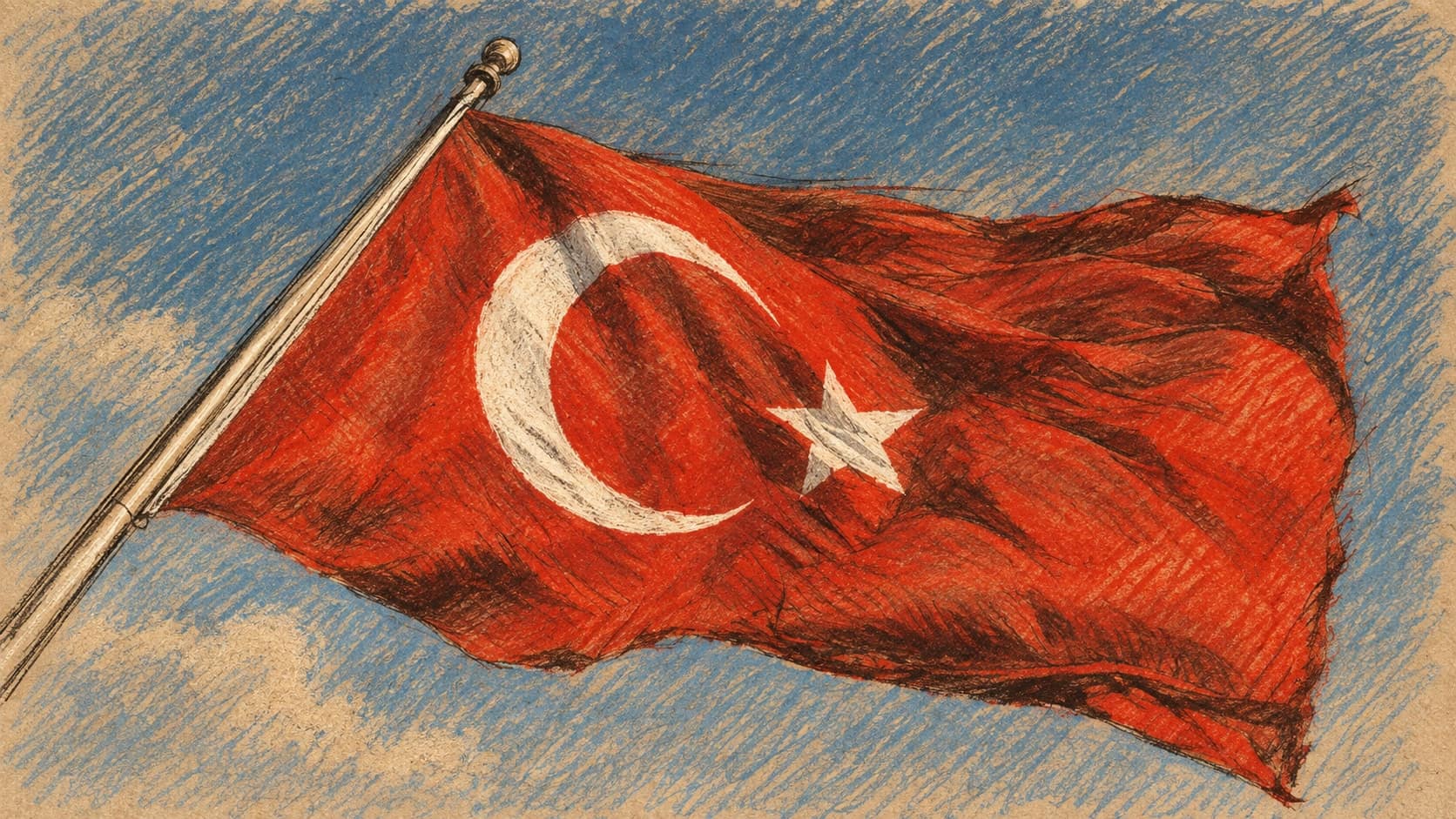 Courtroom-sketch editorial illustration of an archival Turkish flag billowing on a diagonal pole against a blue sky; contextual artwork for Turkey, not a depiction of the October 6 announcement or the fund investigation, rendered in warm ochre and slate-blue pastel strokes.