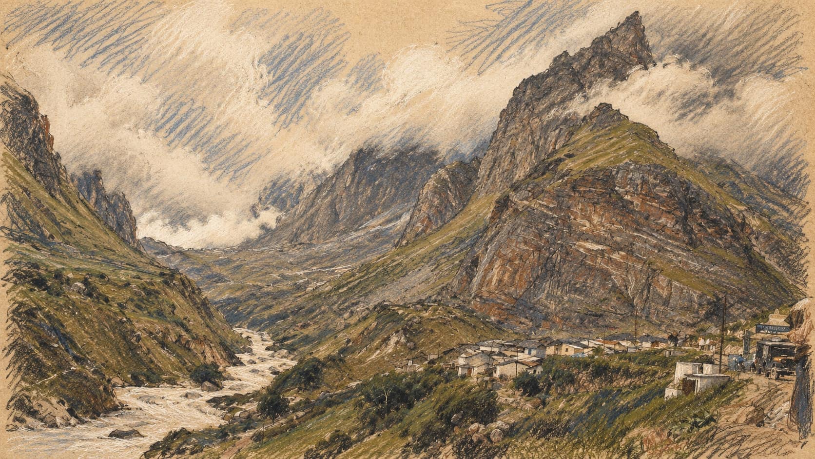 Courtroom-sketch editorial illustration of an archival 2006 view of Mana village in Chamoli district, with a river along the left, hillside buildings and rocky Himalayan peaks beneath clouds; contextual landscape, not a depiction of the October 2026 earthquake or damage, rendered in warm ochre and slate-blue pastel strokes.