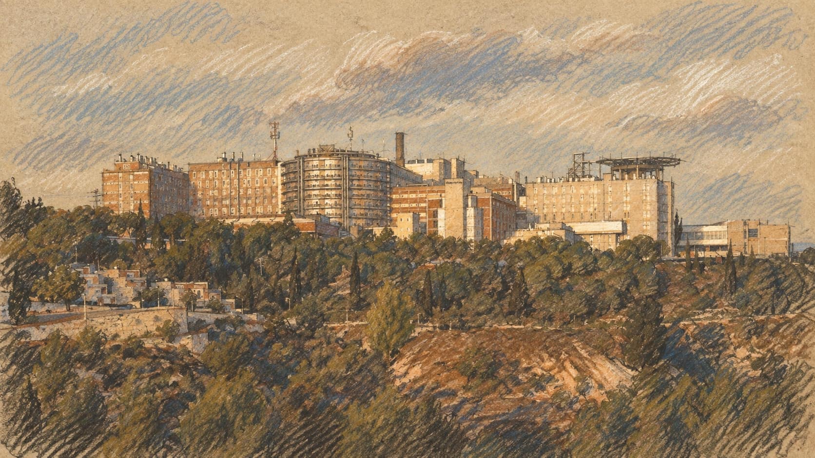 Courtroom-sketch editorial illustration of an archival exterior view of Hadassah Ein Kerem hospital in Jerusalem, its multi-storey buildings rising above a wooded hillside; contextual Israeli healthcare artwork, not a depiction of military rehabilitation or the newly reported patients, rendered in warm ochre and slate-blue pastel strokes.