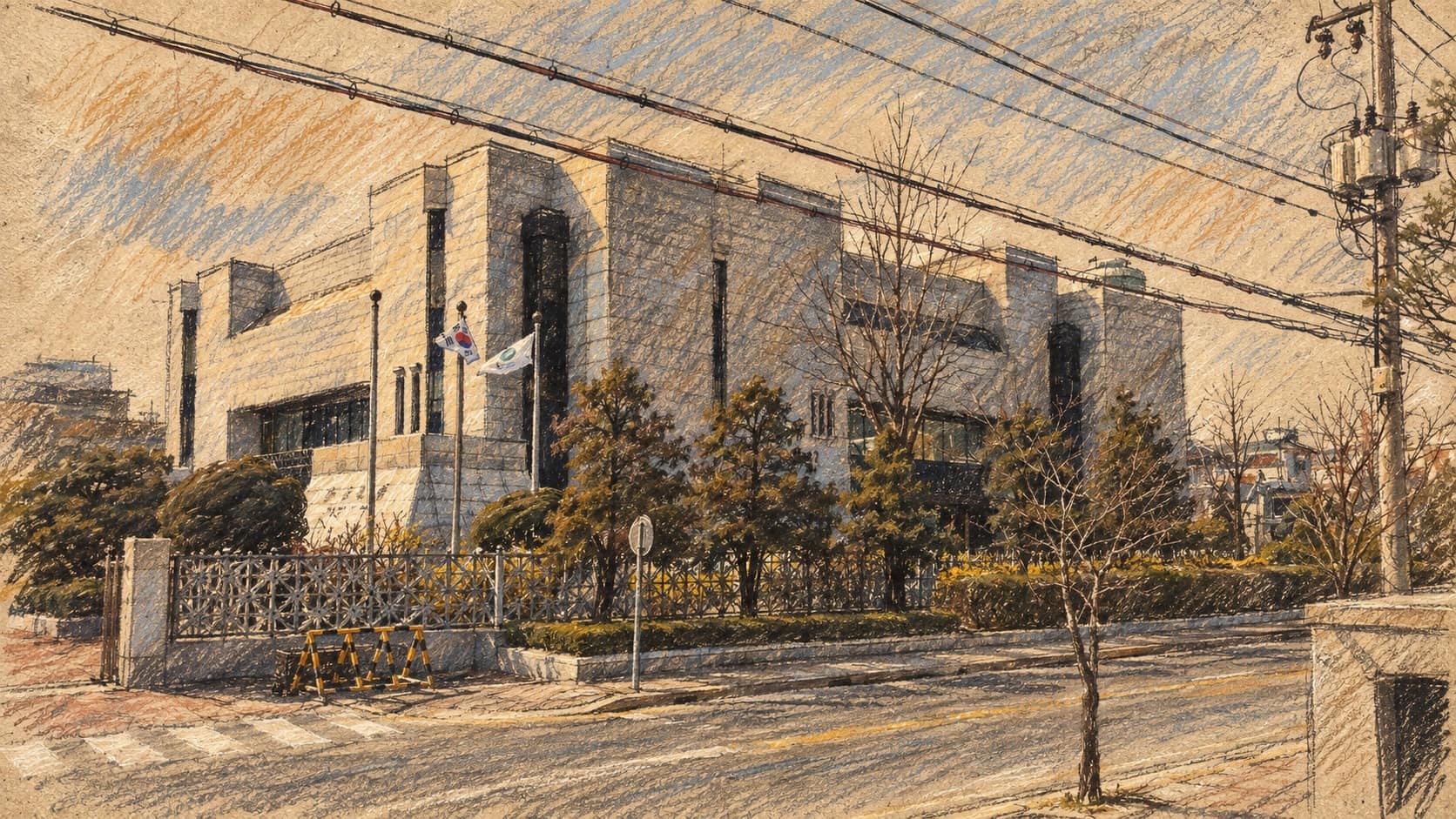 Courtroom-sketch editorial illustration of an archival 2016 exterior of the Bank of Korea Chungbuk Branch across a quiet road; Korean financial-sector context, not a depiction of a breached institution or the October 6 Cabinet meeting, rendered in warm ochre and slate-blue pastel strokes.