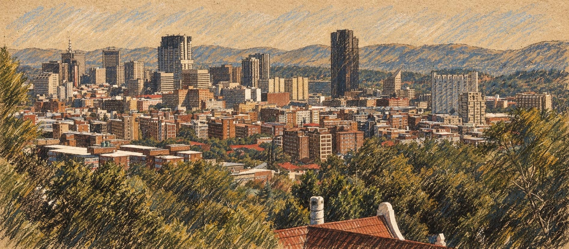 Courtroom-sketch editorial illustration of an archival April 2006 view across Pretoria’s city center from Muckleneuk Hill, with office towers, distant hills, leafy trees and a red roof; geographic context for Gauteng, not a depiction of Monica Dube, the murder or the October 2026 arrest, rendered in warm ochre and slate-blue pastel strokes.
