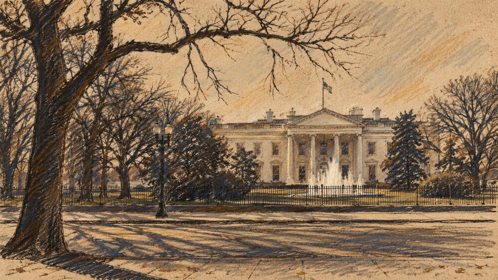 Courtroom-sketch editorial illustration of an archival November 1946 view of the White House north portico across Pennsylvania Avenue, with a fountain, iron fence and leafless trees; institutional context for the diesel-tax order, rendered in warm ochre and slate-blue pastel strokes.