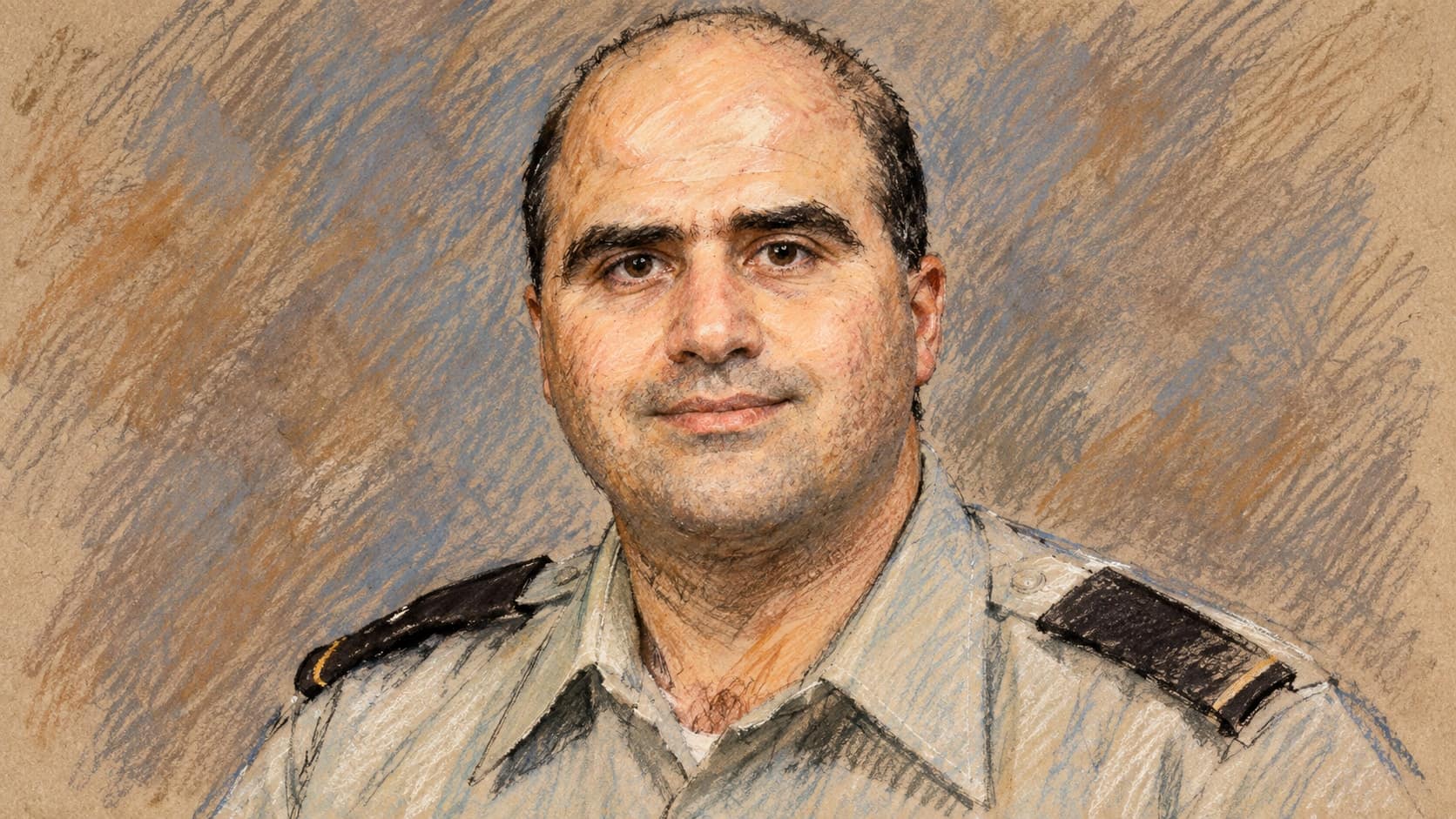 Courtroom-sketch editorial illustration of Nidal Hasan's archival 2007 official portrait, facing the viewer in a pale military shirt against a plain backdrop; contextual portrait, not a depiction of the scheduled execution, rendered in warm ochre and slate-blue pastel strokes.
