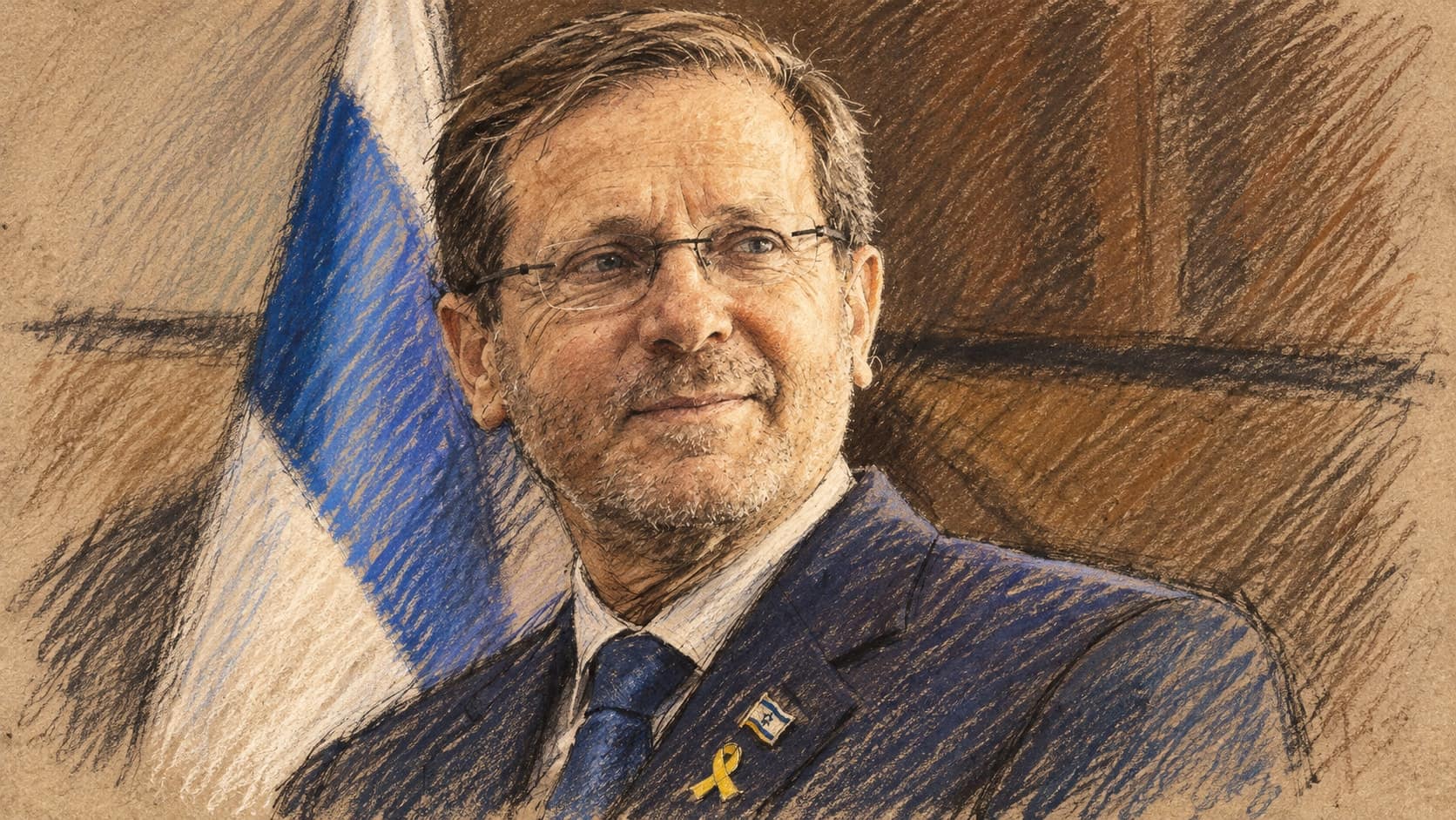 Courtroom-sketch editorial illustration of President Isaac Herzog in glasses, a dark suit and tie beside an Israeli flag, based on an archival June 2024 portrait; contextual artwork, not a depiction of the October 2026 Nova memorial, rendered in warm ochre and slate-blue pastel strokes.