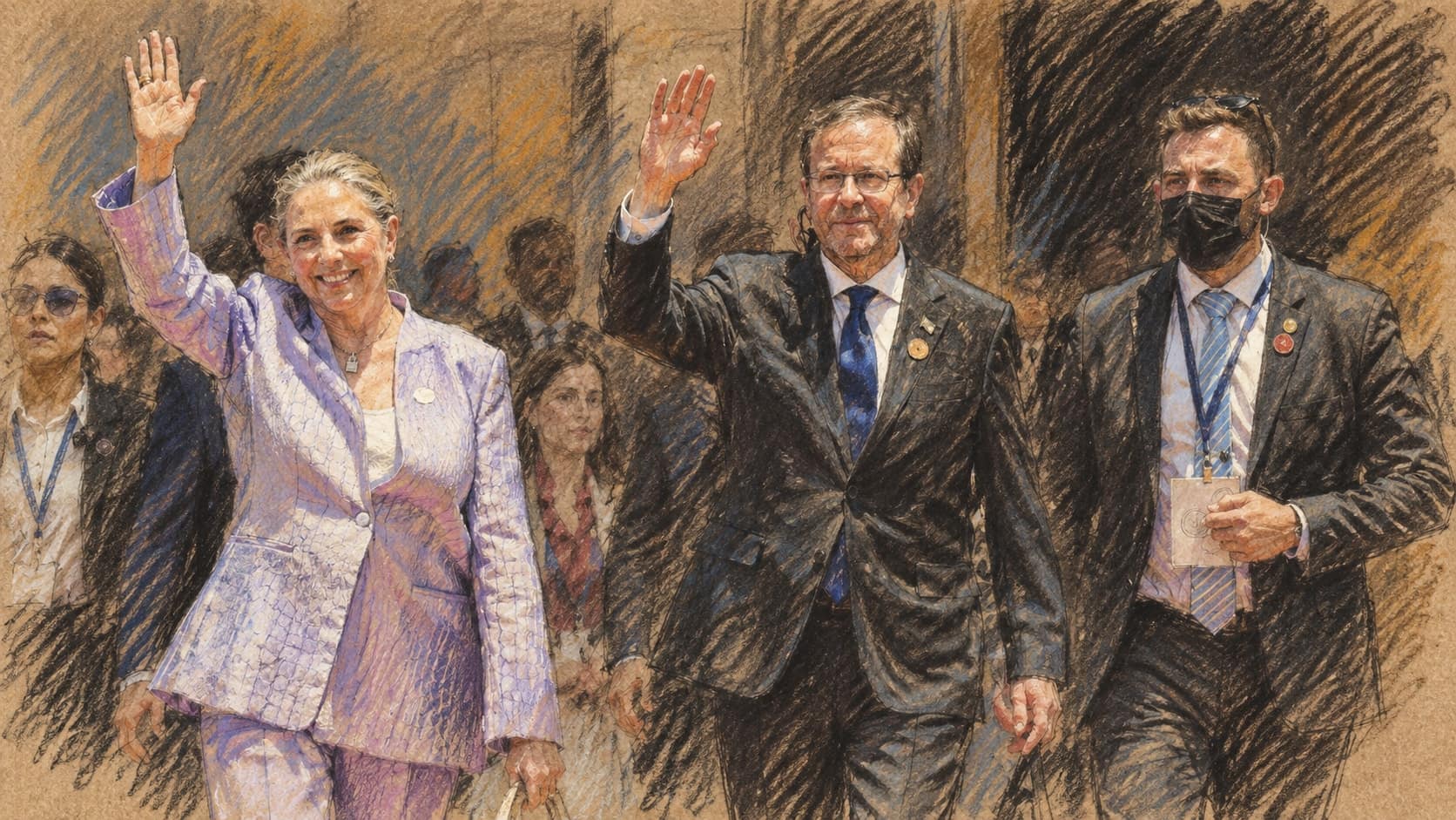 Courtroom-sketch editorial illustration of President Isaac Herzog and First Lady Michal Herzog waving during an archival May 2026 arrival in Costa Rica, with attendants; contextual depiction of the actors, not the October 7 memorial candle-lighting, rendered in warm ochre and slate-blue pastel strokes.