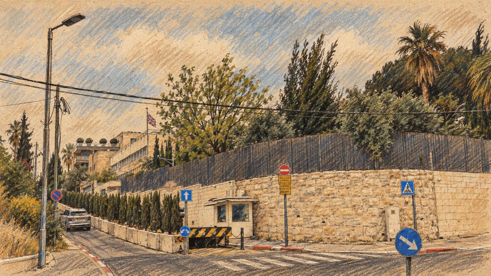 Courtroom-sketch editorial illustration of an archival May 2026 exterior of the British consulate compound on Har haZeitim Road in Jerusalem, with a stone perimeter wall, trees, guard booth and street in front; institutional context, not a depiction of the October sign removal, rendered in warm ochre and slate-blue pastel strokes.