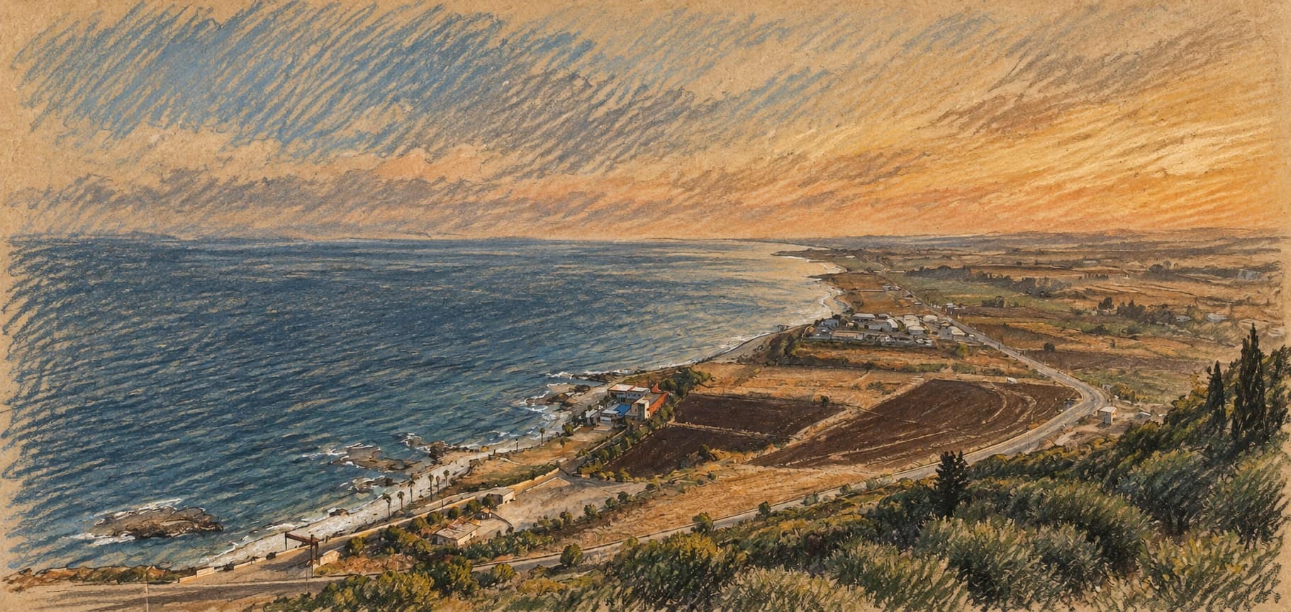 Courtroom-sketch editorial illustration of an archival June 2024 view of southern Lebanon’s coastal plain, with the sea, curving shoreline, coastal road, fields, a small settlement and foreground greenery beneath a sunset sky; geographic context, not a depiction of Capt. Eliav Haim Tzapalamus, his death or the precise incident site, rendered in warm ochre and slate-blue pastel strokes.