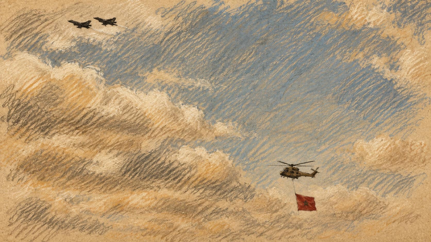 Courtroom-sketch editorial illustration of two U.S. F-35 aircraft and a Moroccan Apache helicopter carrying a Moroccan flag during the October 7, 2026 Marrakech Airshow, rendered in warm ochre and slate-blue pastel strokes; contextual airshow flight demonstration, not the Israeli national pavilion or Israeli aircraft.