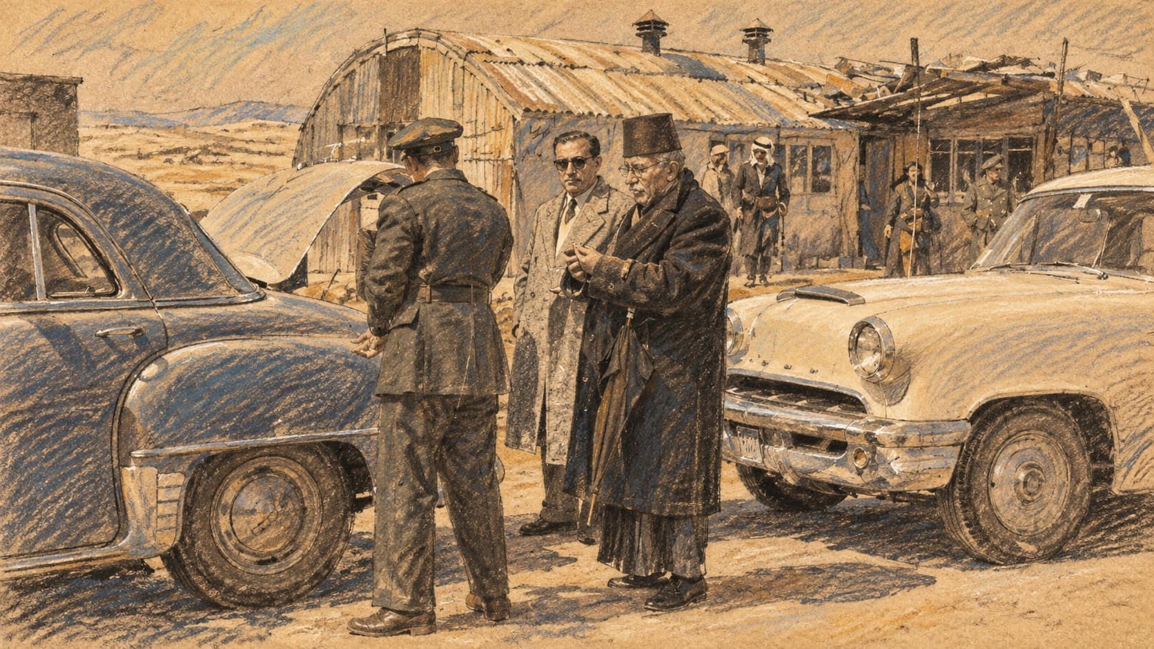 Courtroom-sketch editorial illustration of an archival mid-twentieth-century Lebanon–Syria border crossing, with two vintage cars, a uniformed border official and travelers before corrugated inspection buildings; historical regional context, not a depiction of the October 2026 strike, rendered in warm ochre and slate-blue pastel strokes.