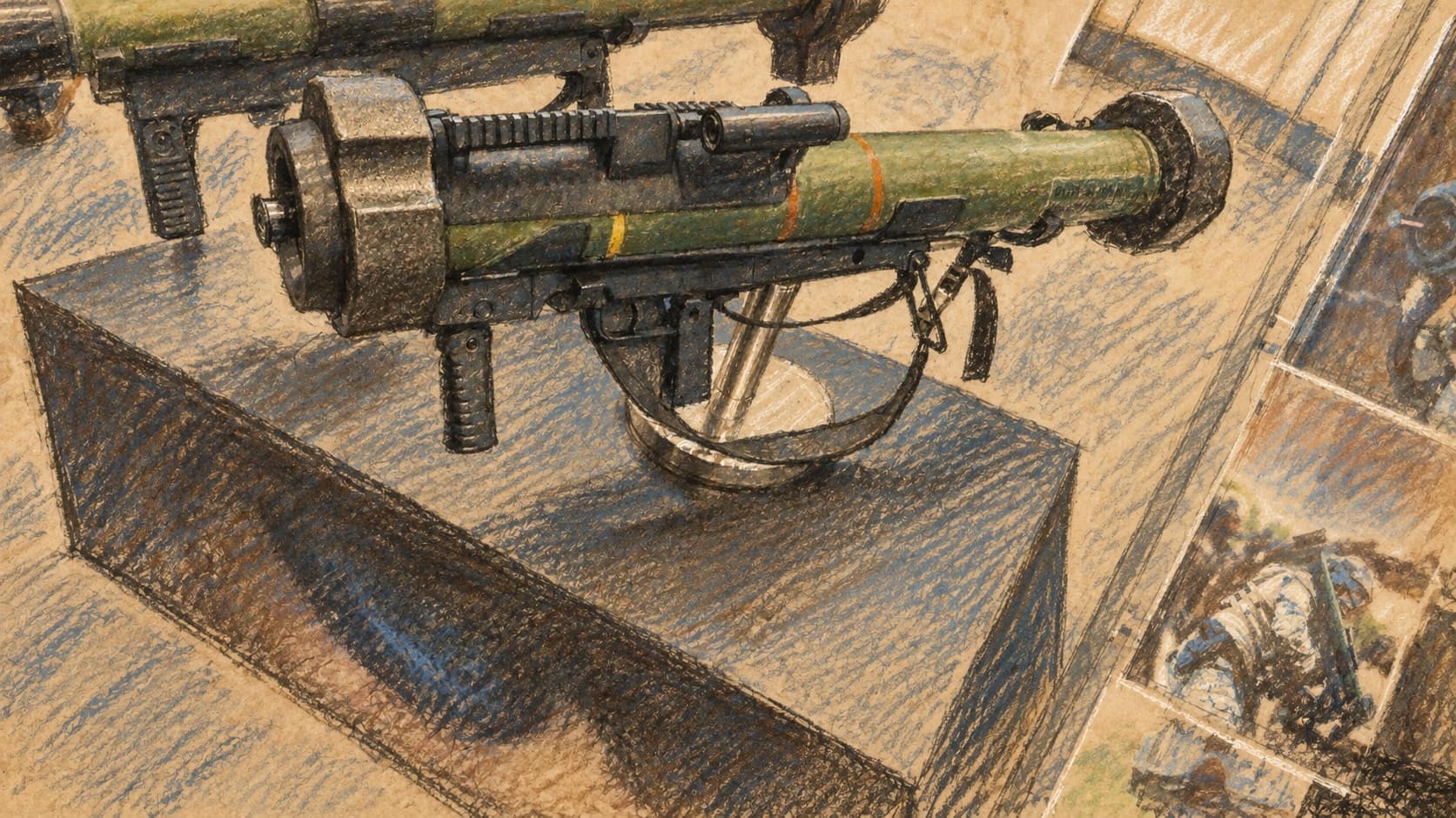 Courtroom-sketch editorial illustration of an archival February 2024 exhibition display of green RGW 90/MATADOR shoulder-fired launchers on a stand; contextual equipment artwork, not the missile seized near Shfar’am or the October 2026 indictments, rendered in warm ochre and slate-blue pastel strokes.