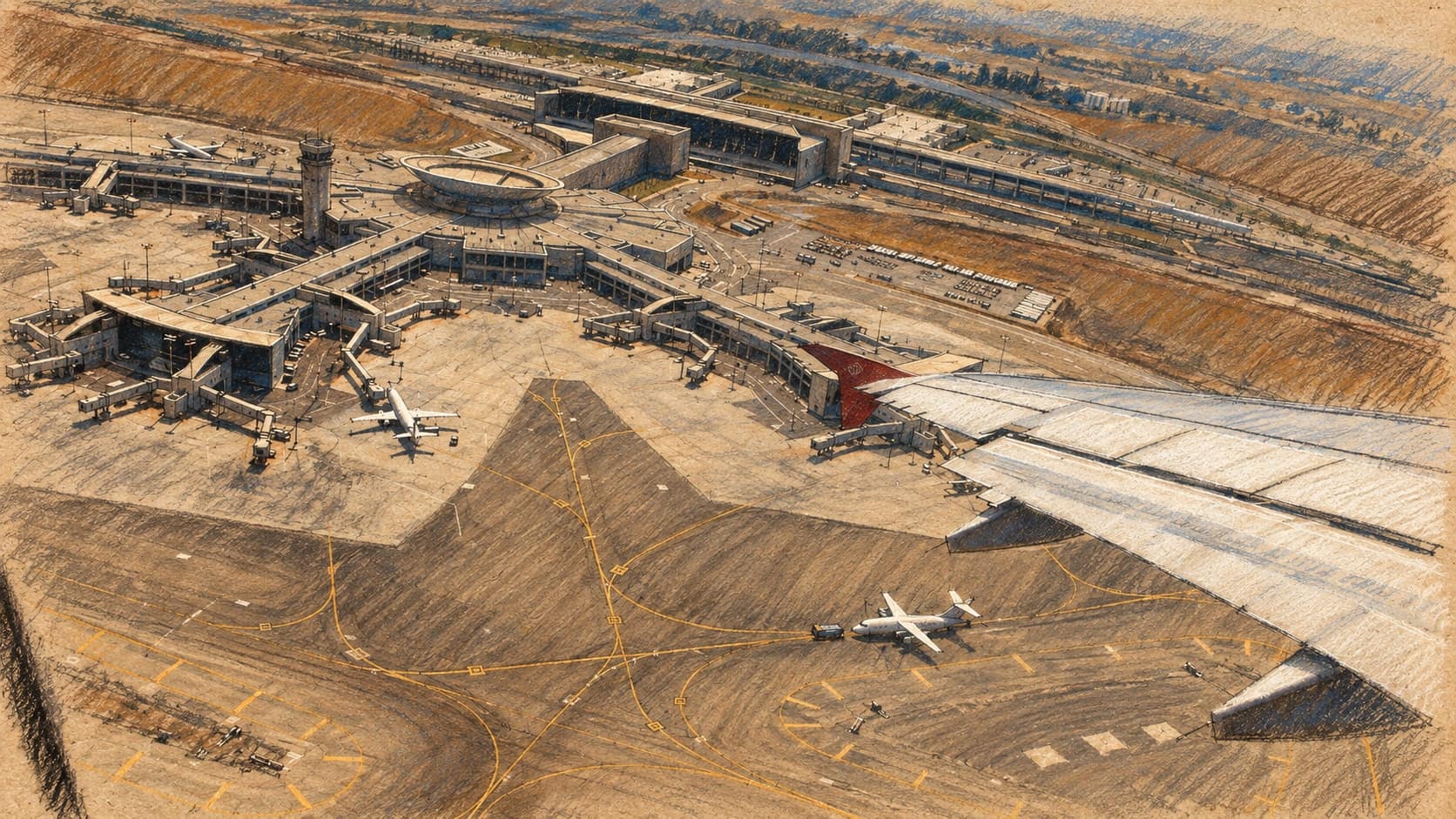 Courtroom-sketch editorial illustration of an archival October 2006 aerial view of Ben Gurion Airport Terminal 3, its concourses, apron, parked aircraft and taxiways, with an airplane wing in the right foreground; airport context, not a depiction of the September 2026 cockpit assault or October findings, rendered in warm ochre and slate-blue pastel strokes.