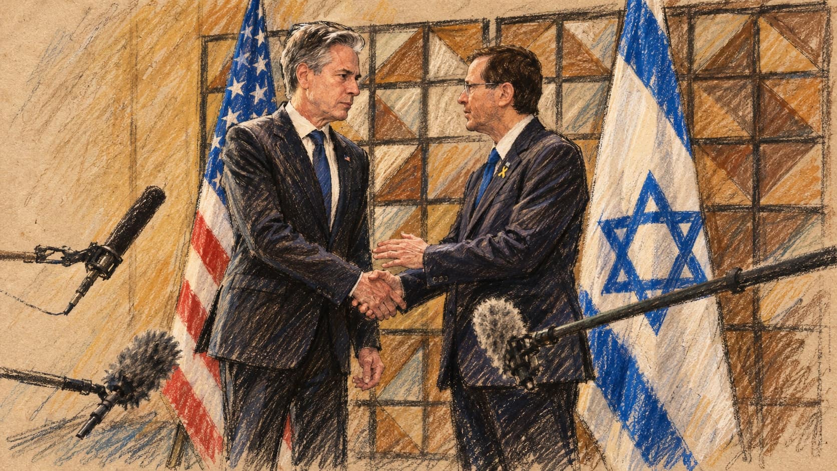 Courtroom-sketch editorial illustration of Israeli President Isaac Herzog at right shaking hands with U.S. Secretary of State Antony Blinken beside flags and press microphones, based on an archival August 2024 photograph in Tel Aviv; actor context, not a depiction of Captain Smit Machchhar, the October 2026 letter or a future award ceremony, rendered in warm ochre and slate-blue pastel strokes.