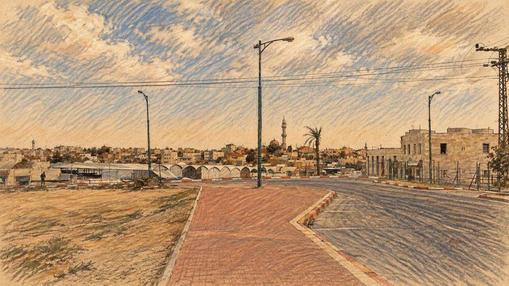 Courtroom-sketch editorial illustration of an archival March 2011 Rahat cityscape with a red-paved sidewalk, streetlamps, low-rise buildings and a mosque minaret beneath a clouded sky; contextual location artwork, not a depiction of the October 2026 shooting, rendered in warm ochre and slate-blue pastel strokes.