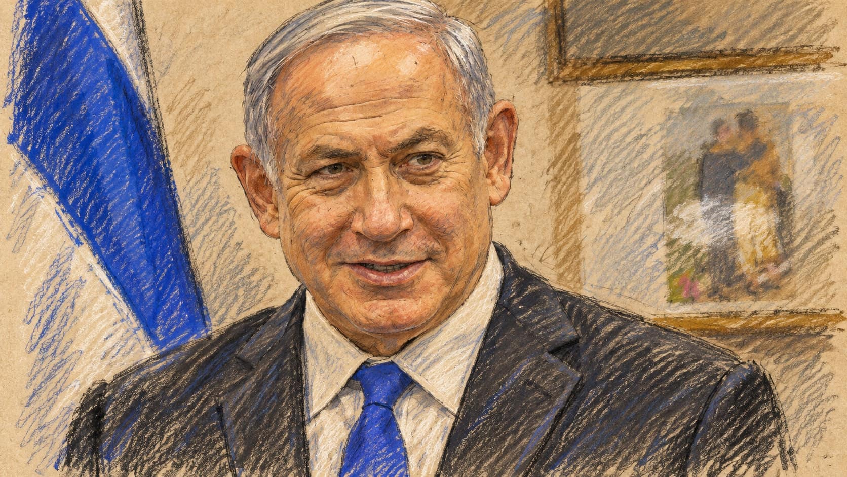 Courtroom-sketch editorial illustration of an archival April 2018 portrait of Benjamin Netanyahu in a dark suit and blue tie beside an Israeli flag; contextual portrait, not a depiction of his October 2026 documentary demand, rendered in warm ochre and slate-blue pastel strokes.