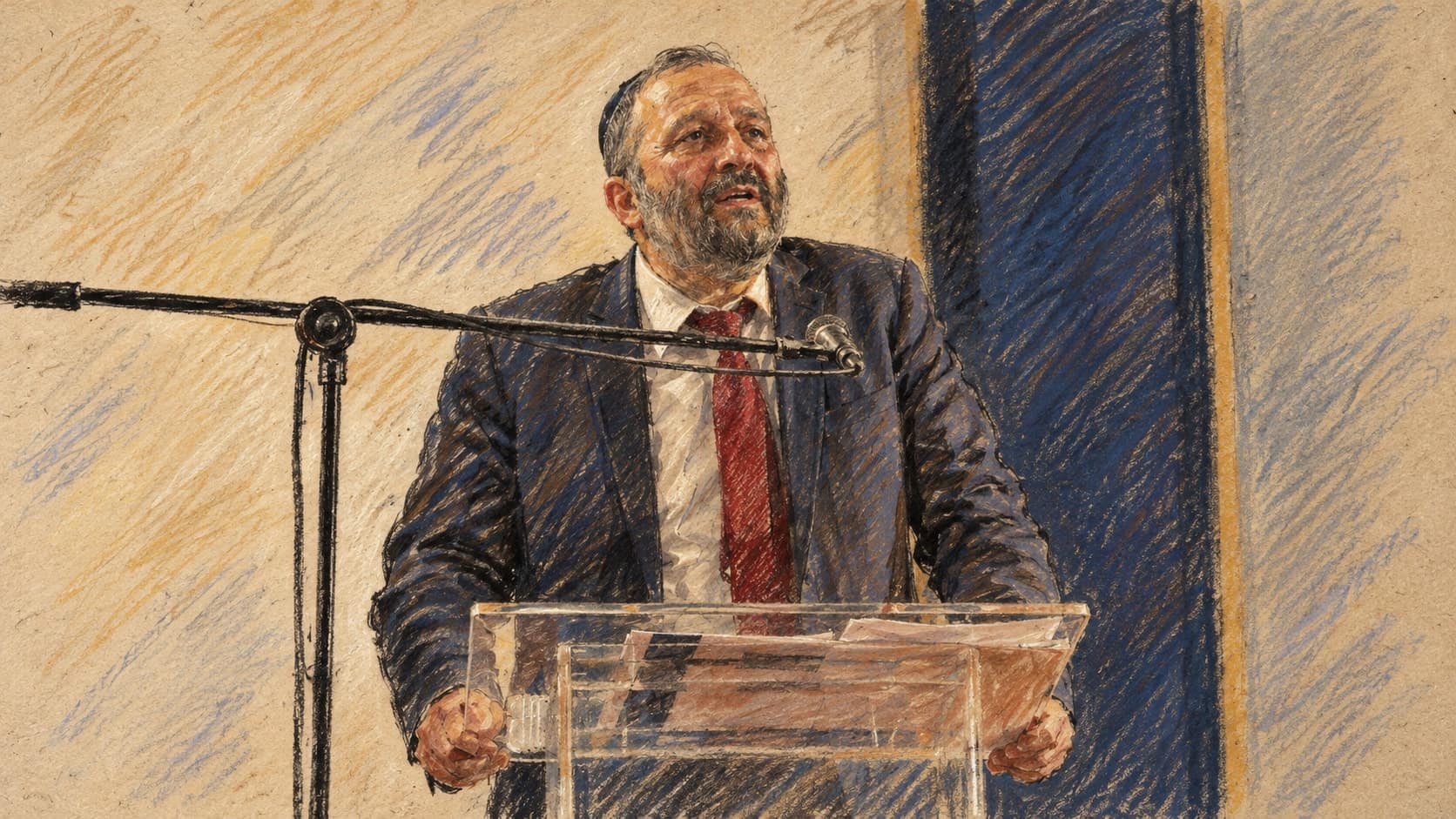 Courtroom-sketch editorial illustration of Shas leader Aryeh Deri speaking behind a clear lectern and microphone stand in an archival November 2015 conference photograph at Sapir College; contextual portrait, not a depiction of the October 2026 surplus-vote agreement signing, rendered in warm ochre and slate-blue pastel strokes.